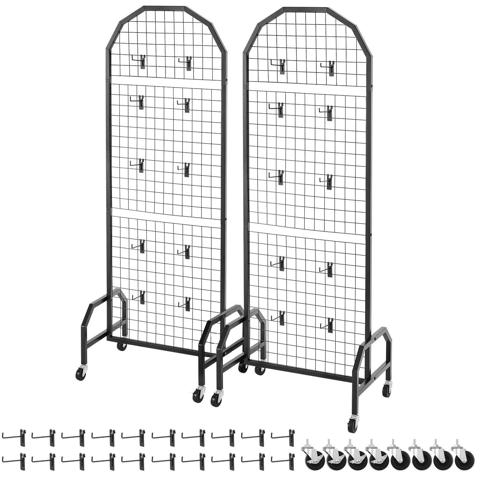 VEVOR 2 Packs Grid Wall Panels, 600 x 1640mm Wire Grid Panels Display Rack, Movable Art Display Shelf with Wheels and 20 Hooks, Black Carbon Steel Gridwall for Craft Show, Decor, Storage, Notice Board