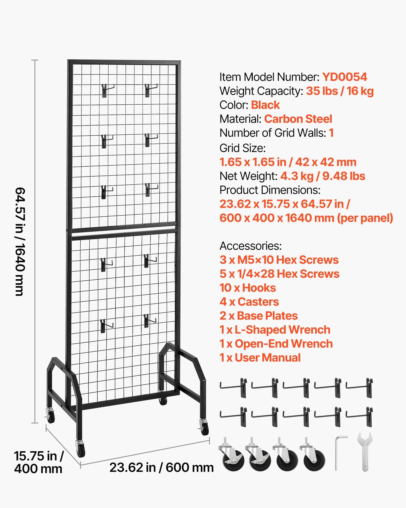 VEVOR Grid Wall Panel, 600 x 1640 mm Wire Grid Panels Display Rack, Movable Art Display Shelf with Wheels and 10 Hooks, Black Carbon Steel Gridwall for Craft Show, Decoration, Storage, Notice Board