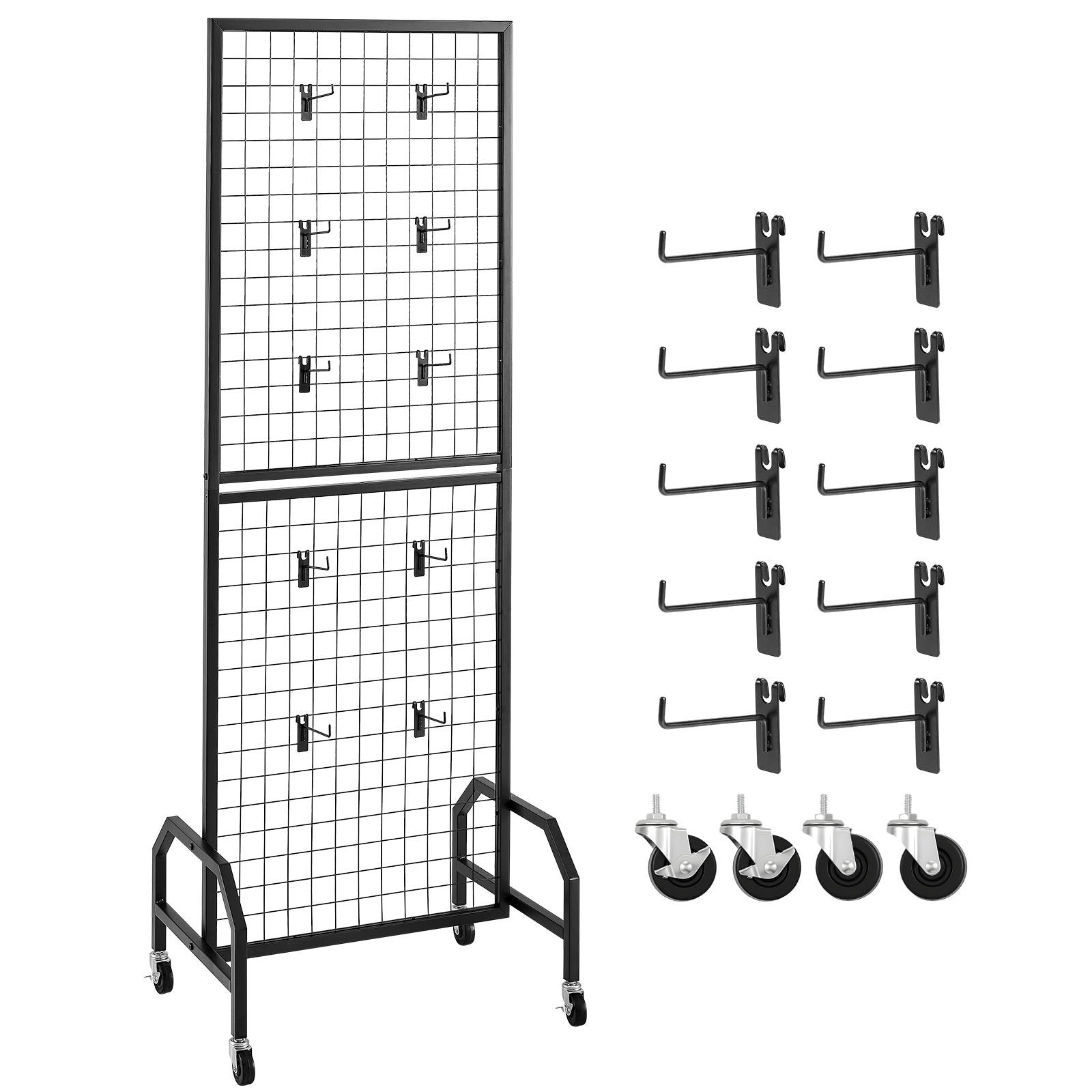 VEVOR Grid Wall Panel, 600 x 1640 mm Wire Grid Panels Display Rack, Movable Art Display Shelf with Wheels and 10 Hooks, Black Carbon Steel Gridwall for Craft Show, Decoration, Storage, Notice Board