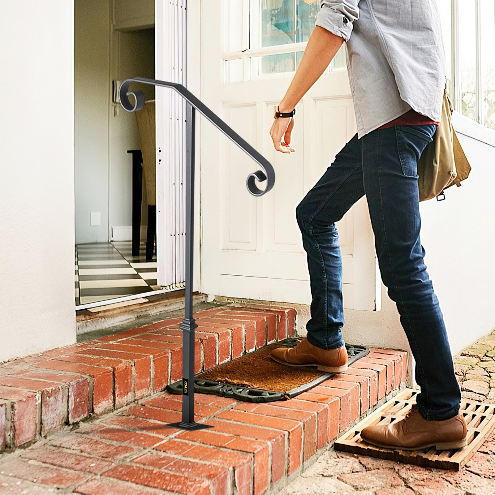 VEVOR Handrails for Outdoor Steps, Fit 1 or 2 Steps Outdoor Stair Railing, Single Post Wrought Iron Handrail, Gray Transitional Porch Railings for Concrete Steps or Wooden Stairs with Base