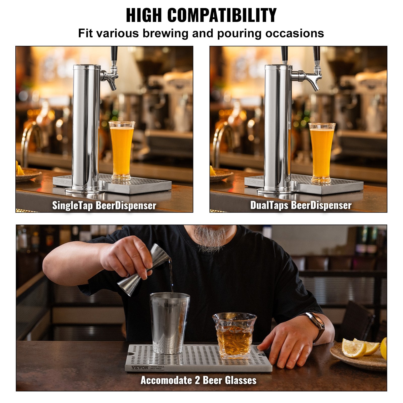 VEVOR Beer Drip Tray, 304 Stainless Steel Kegerator Drip Trays with 4 Non-Slip Rubber Pads and Detachable Cover, Heat / Cold Resistant Beer Tower Drip Pan for Bar Restaurant Coffee Shop Home