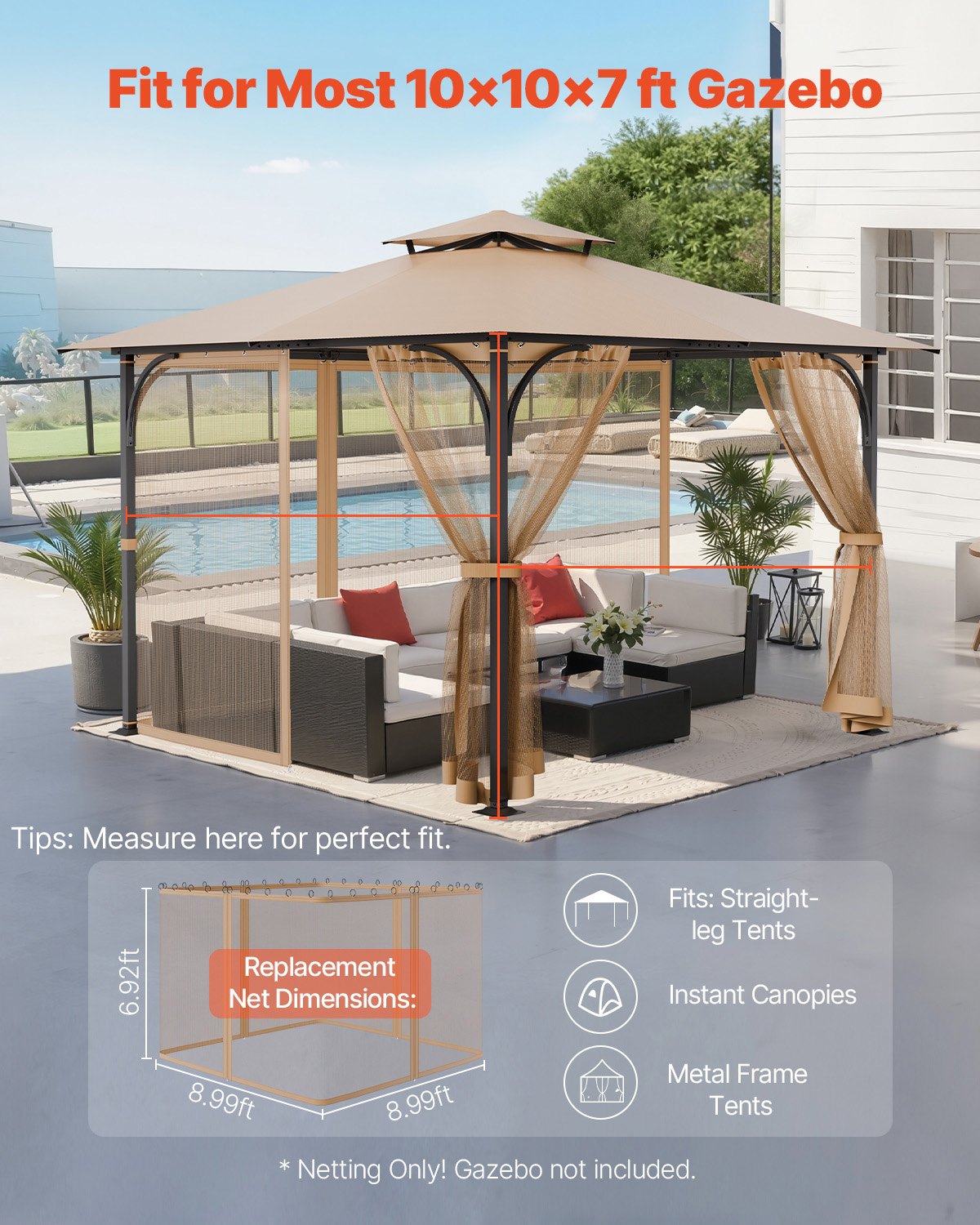 VEVOR Gazebo Netting Replacement, Fit Most 10 x 10 x 7 FT Gazebo Curtain, Outdoor Garden Net, 4-Panel Sidewall Mesh Net, Patio Midge Netting with Double Zipper, Canopy Screen Netting Only
