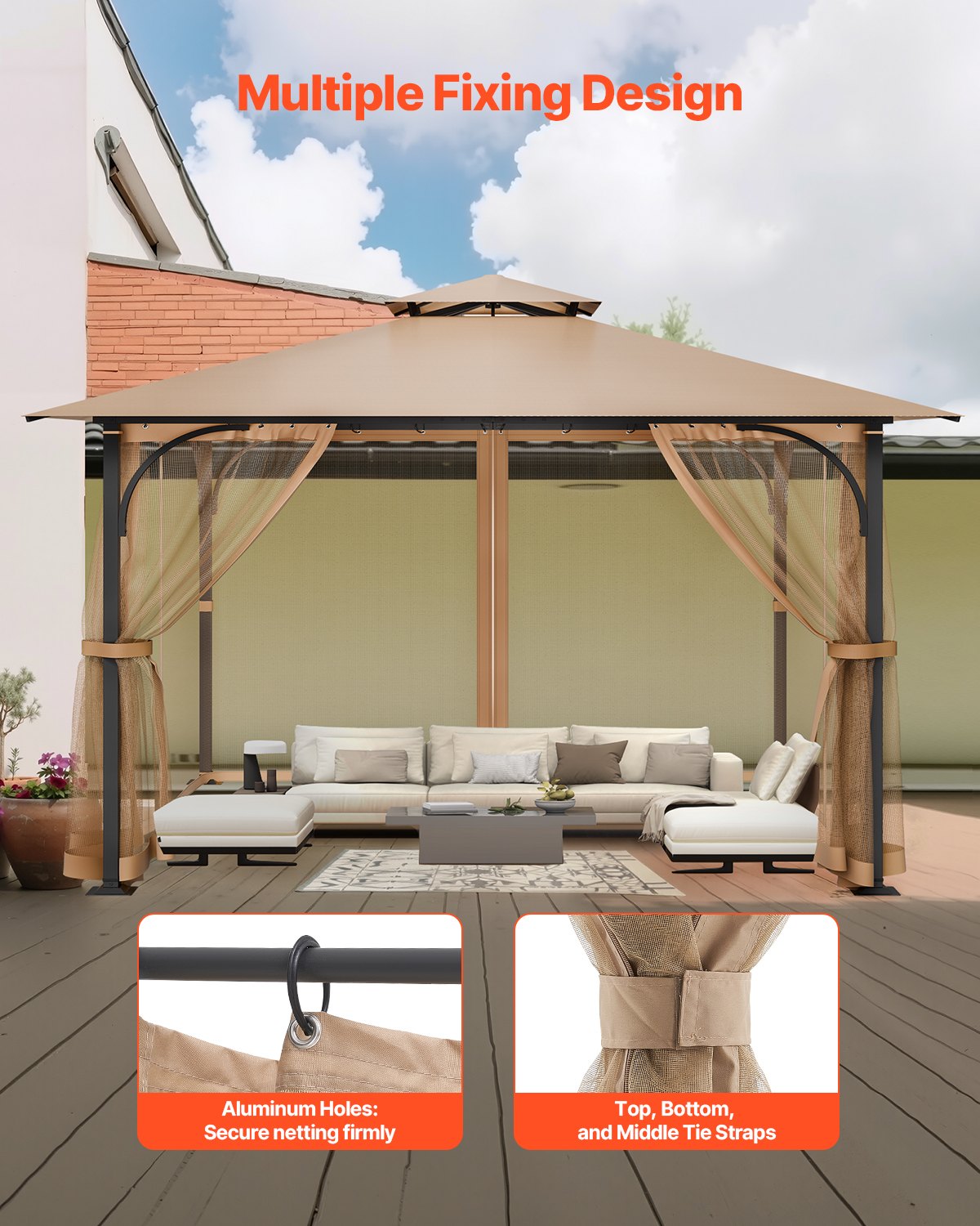VEVOR Gazebo Netting Replacement, Fit Most 10 x 10 x 7 FT Gazebo Curtain, Outdoor Garden Net, 4-Panel Sidewall Mesh Net, Patio Midge Netting with Double Zipper, Canopy Screen Netting Only