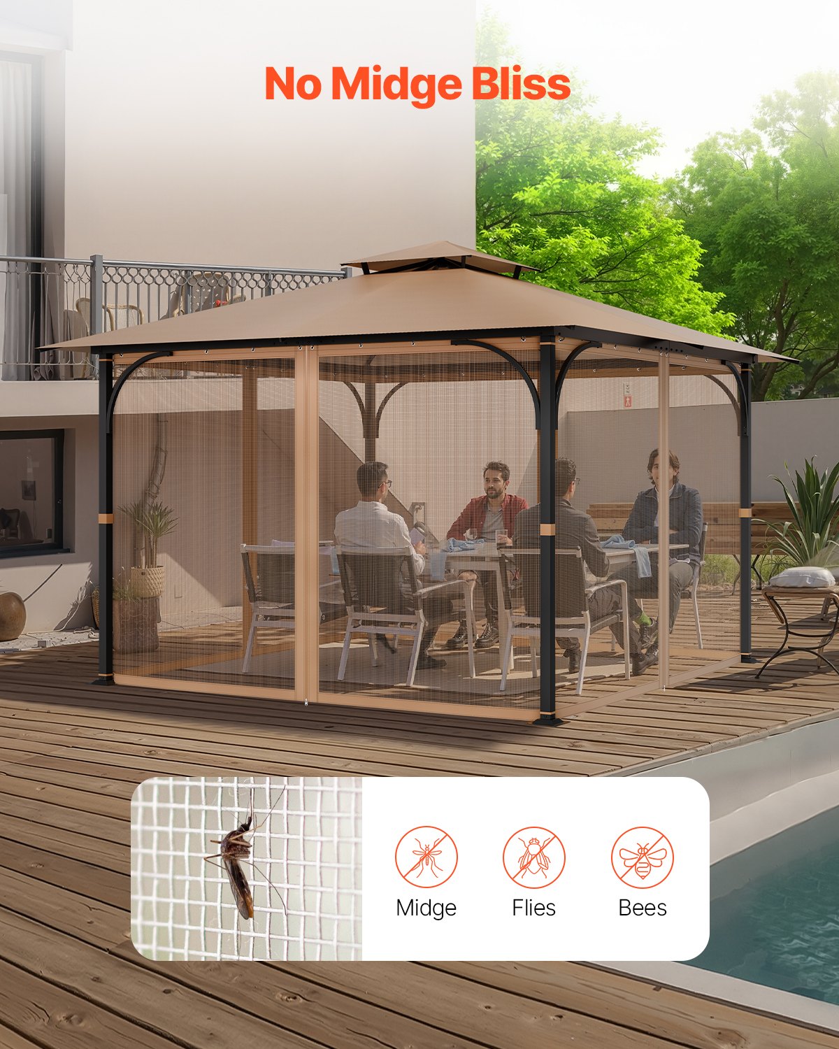 VEVOR Gazebo Netting Replacement, Fit Most 10 x 10 x 7 FT Gazebo Curtain, Outdoor Garden Net, 4-Panel Sidewall Mesh Net, Patio Midge Netting with Double Zipper, Canopy Screen Netting Only
