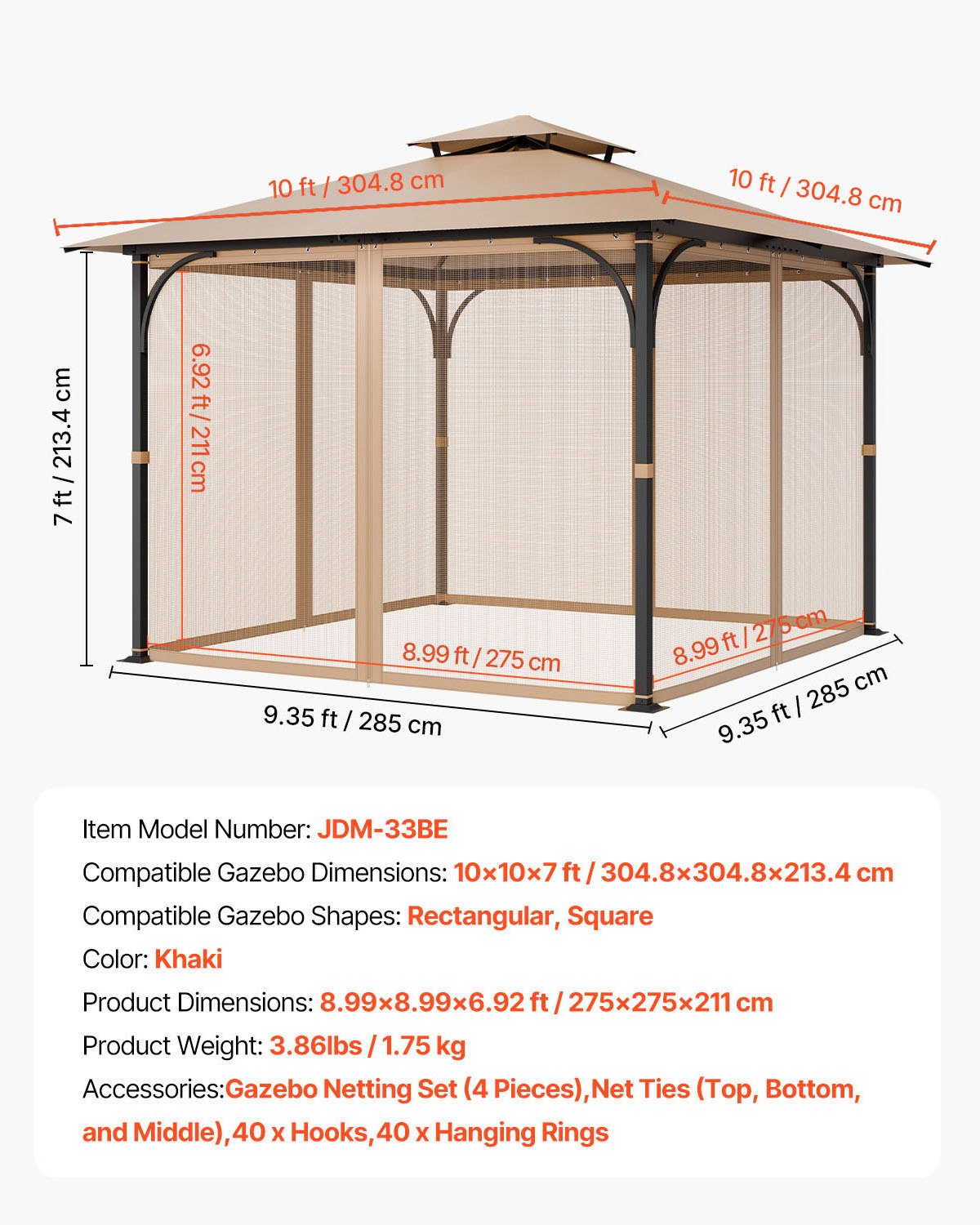 VEVOR Gazebo Netting Replacement, Fit Most 10 x 10 x 7 FT Gazebo Curtain, Outdoor Garden Net, 4-Panel Sidewall Mesh Net, Patio Midge Netting with Double Zipper, Canopy Screen Netting Only