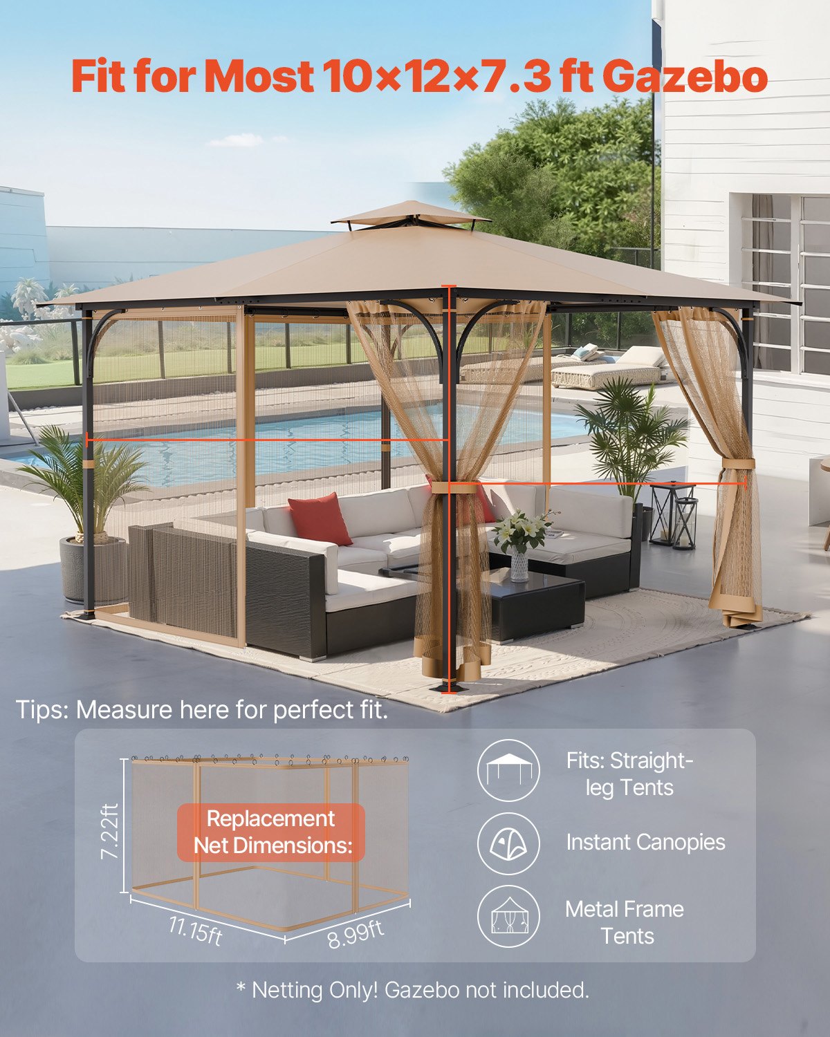 VEVOR Gazebo Netting Replacement, Fit Most 10 x 12 x 7.3 FT Gazebo, Outdoor Garden Gazebo Net, 4-Panel Sidewall Mesh Gazebo Curtain, Patio Midge Netting with Double Zipper, Canopy Screen Netting Only