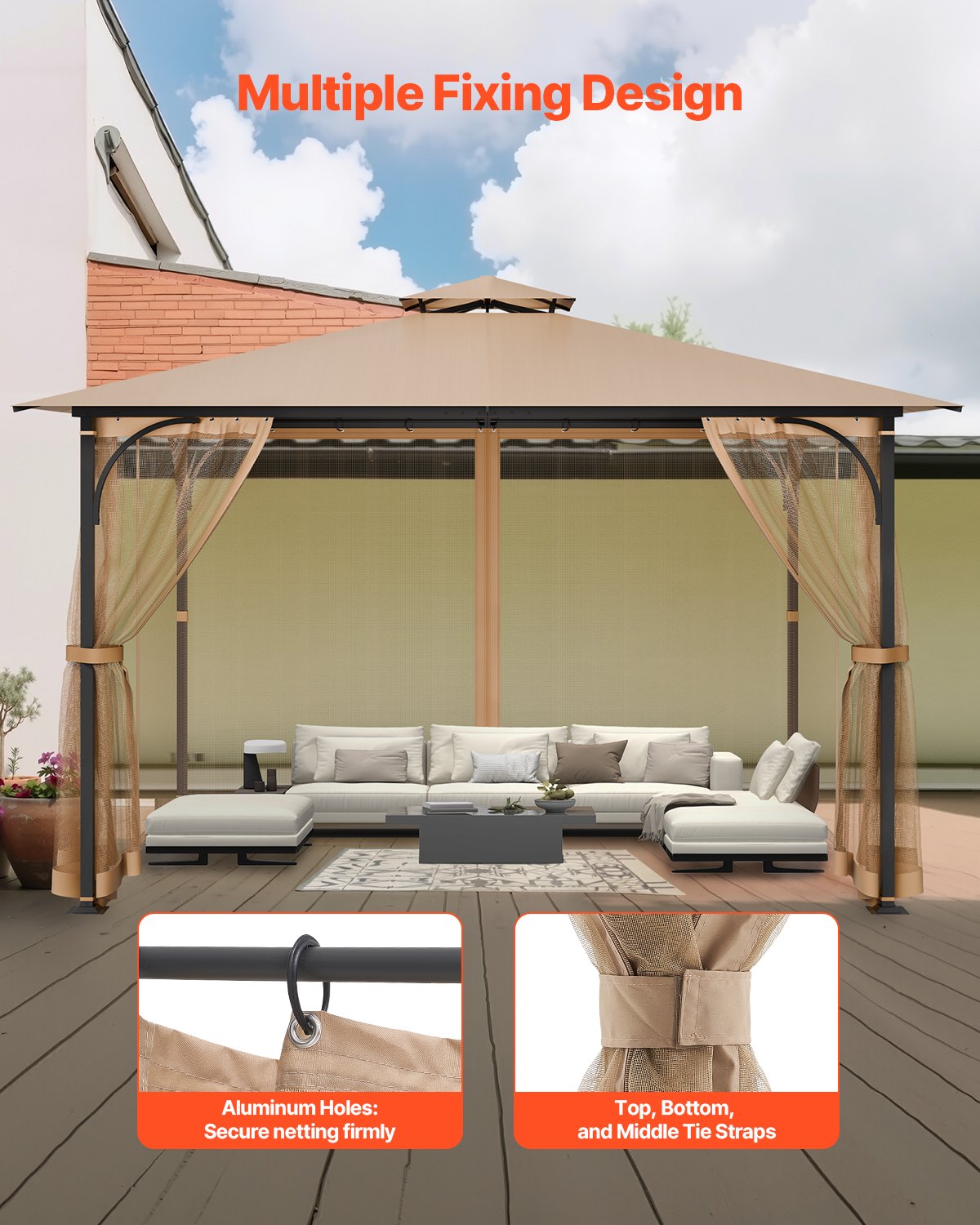 VEVOR Gazebo Netting Replacement, Fit Most 10 x 12 x 7.3 FT Gazebo, Outdoor Garden Gazebo Net, 4-Panel Sidewall Mesh Gazebo Curtain, Patio Midge Netting with Double Zipper, Canopy Screen Netting Only