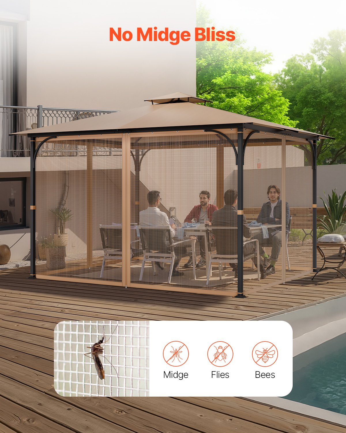 VEVOR Gazebo Netting Replacement, Fit Most 10 x 12 x 7.3 FT Gazebo, Outdoor Garden Gazebo Net, 4-Panel Sidewall Mesh Gazebo Curtain, Patio Midge Netting with Double Zipper, Canopy Screen Netting Only