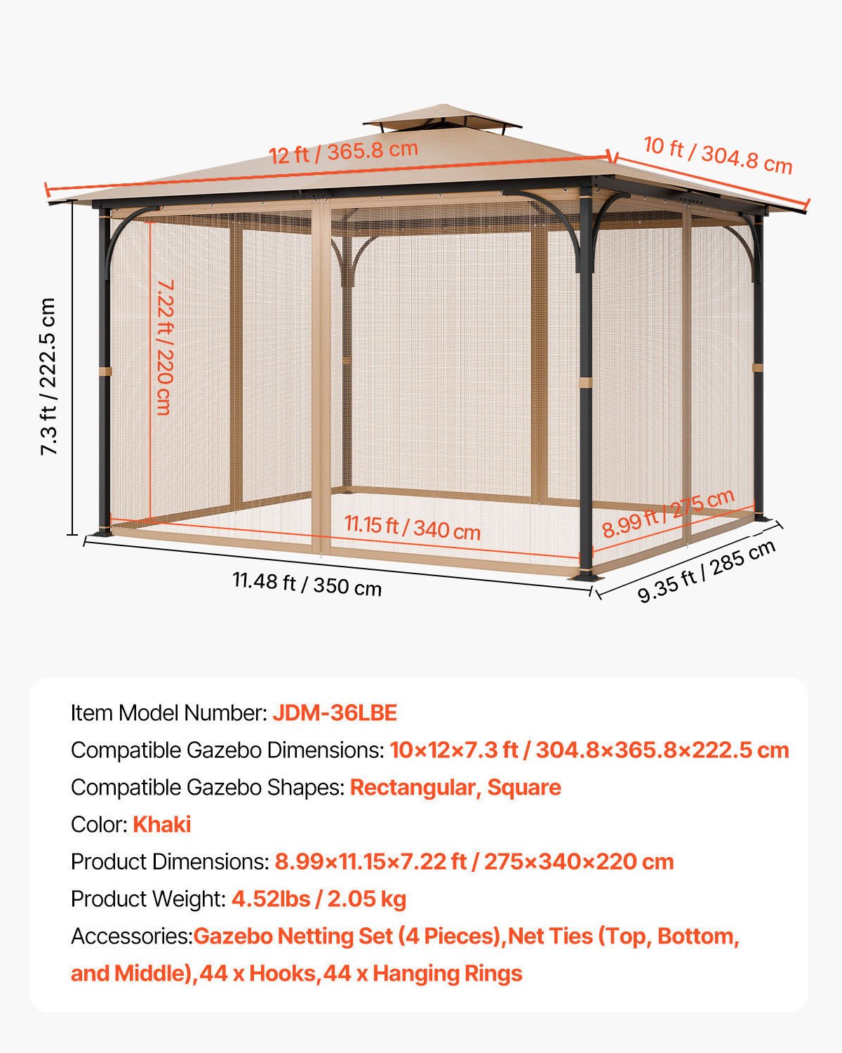 VEVOR Gazebo Netting Replacement, Fit Most 10 x 12 x 7.3 FT Gazebo, Outdoor Garden Gazebo Net, 4-Panel Sidewall Mesh Gazebo Curtain, Patio Midge Netting with Double Zipper, Canopy Screen Netting Only