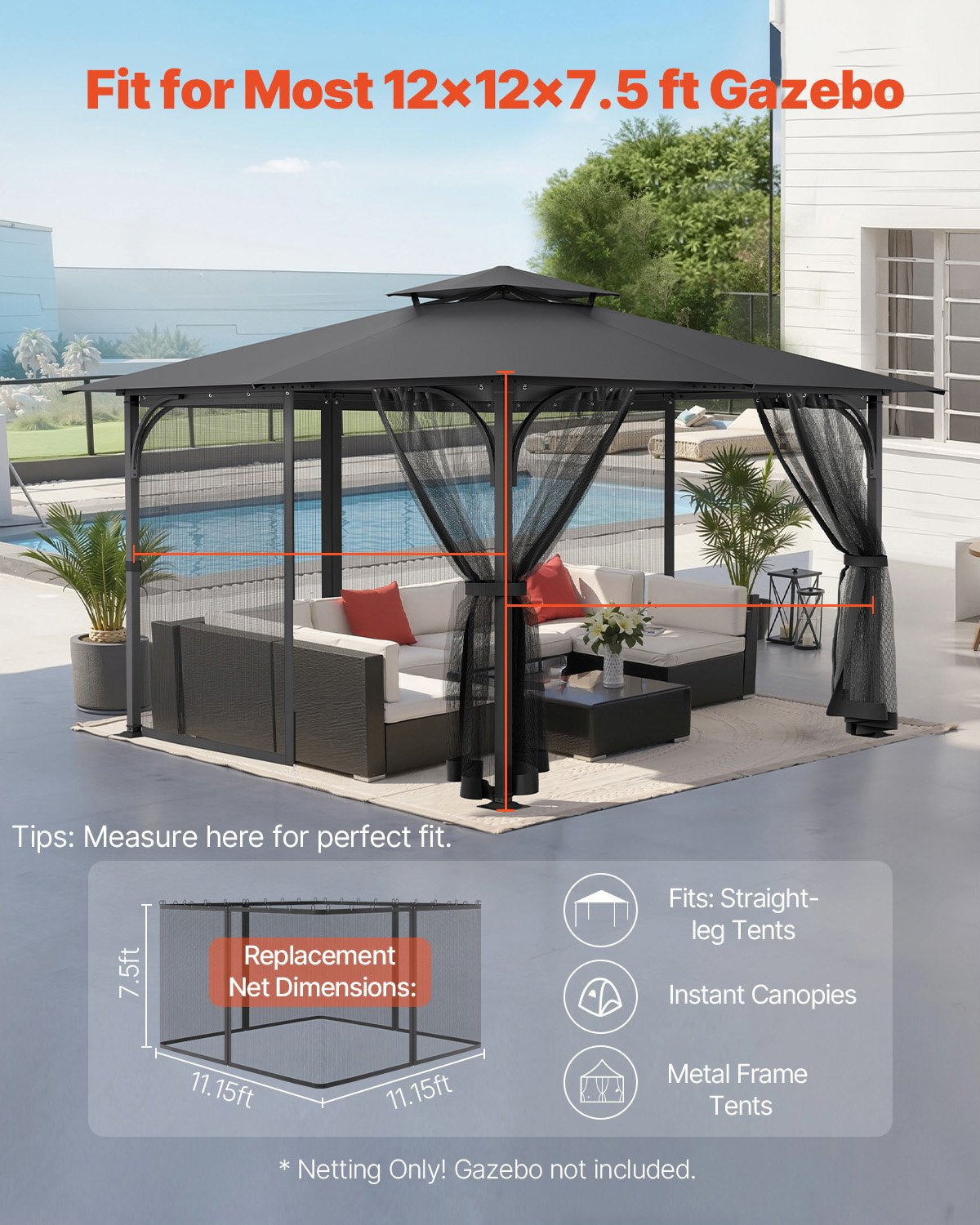 VEVOR Gazebo Netting Replacement, Fit Most 12 x 12 x 7.5 FT Gazebo Curtain, Outdoor Garden Net, 4-Panel Sidewall Mesh Net, Patio Midge Netting with Double Zipper, Canopy Screen Netting Only