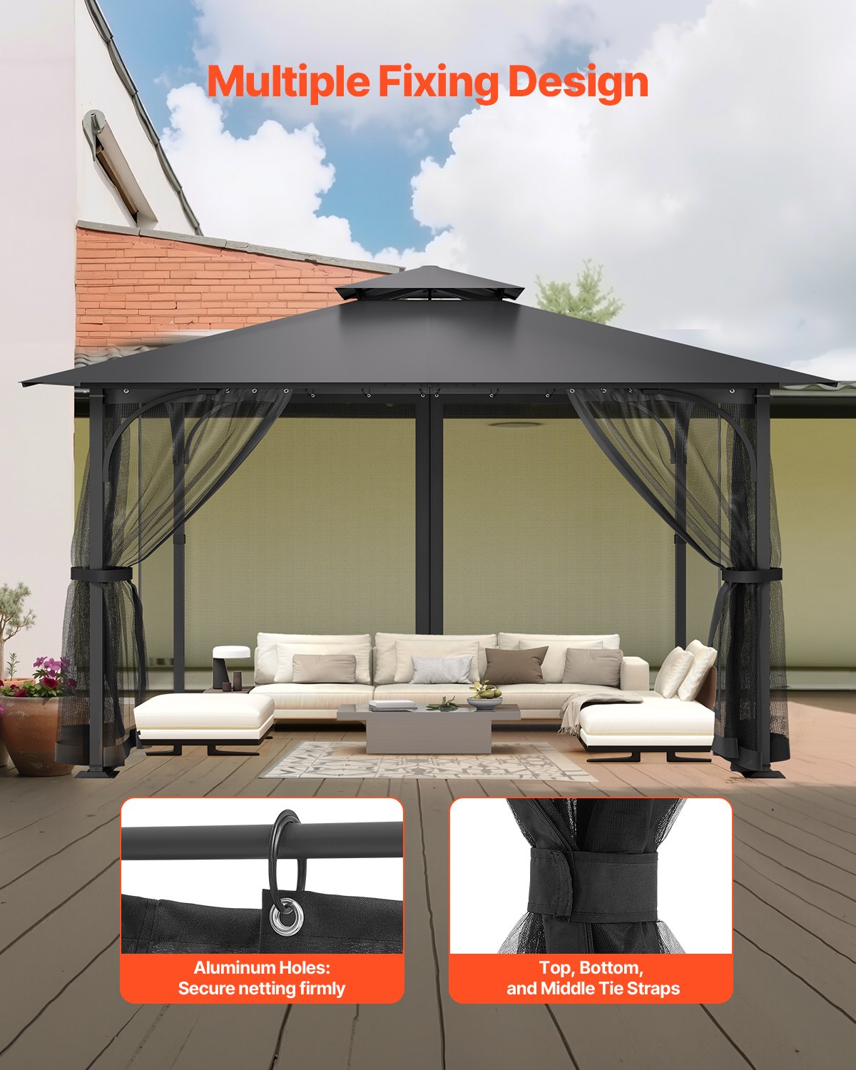 VEVOR Gazebo Netting Replacement, Fit Most 12 x 12 x 7.5 FT Gazebo Curtain, Outdoor Garden Net, 4-Panel Sidewall Mesh Net, Patio Midge Netting with Double Zipper, Canopy Screen Netting Only