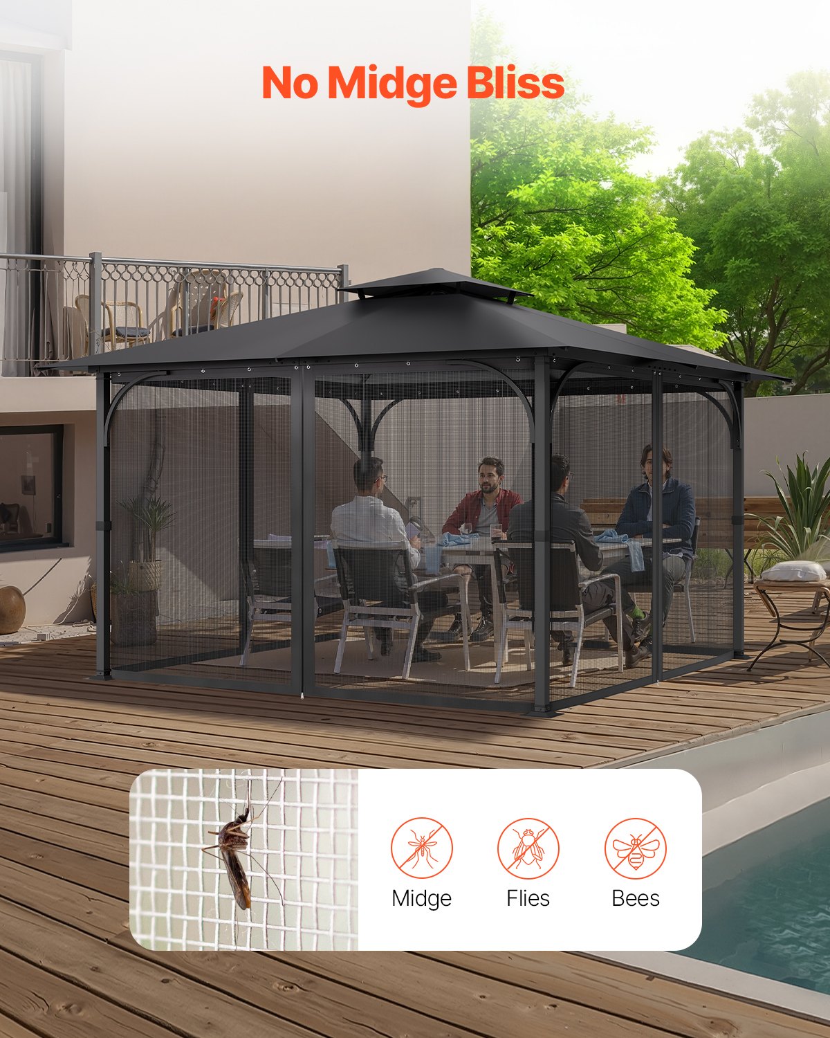 VEVOR Gazebo Netting Replacement, Fit Most 12 x 12 x 7.5 FT Gazebo Curtain, Outdoor Garden Net, 4-Panel Sidewall Mesh Net, Patio Midge Netting with Double Zipper, Canopy Screen Netting Only