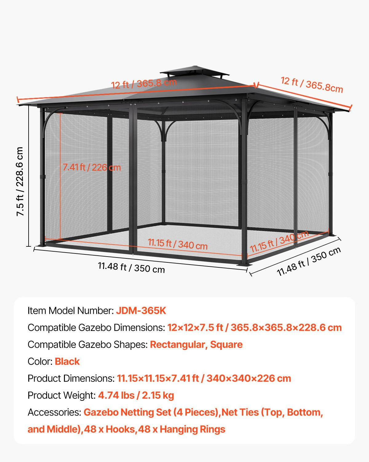 VEVOR Gazebo Netting Replacement, Fit Most 12 x 12 x 7.5 FT Gazebo Curtain, Outdoor Garden Net, 4-Panel Sidewall Mesh Net, Patio Midge Netting with Double Zipper, Canopy Screen Netting Only
