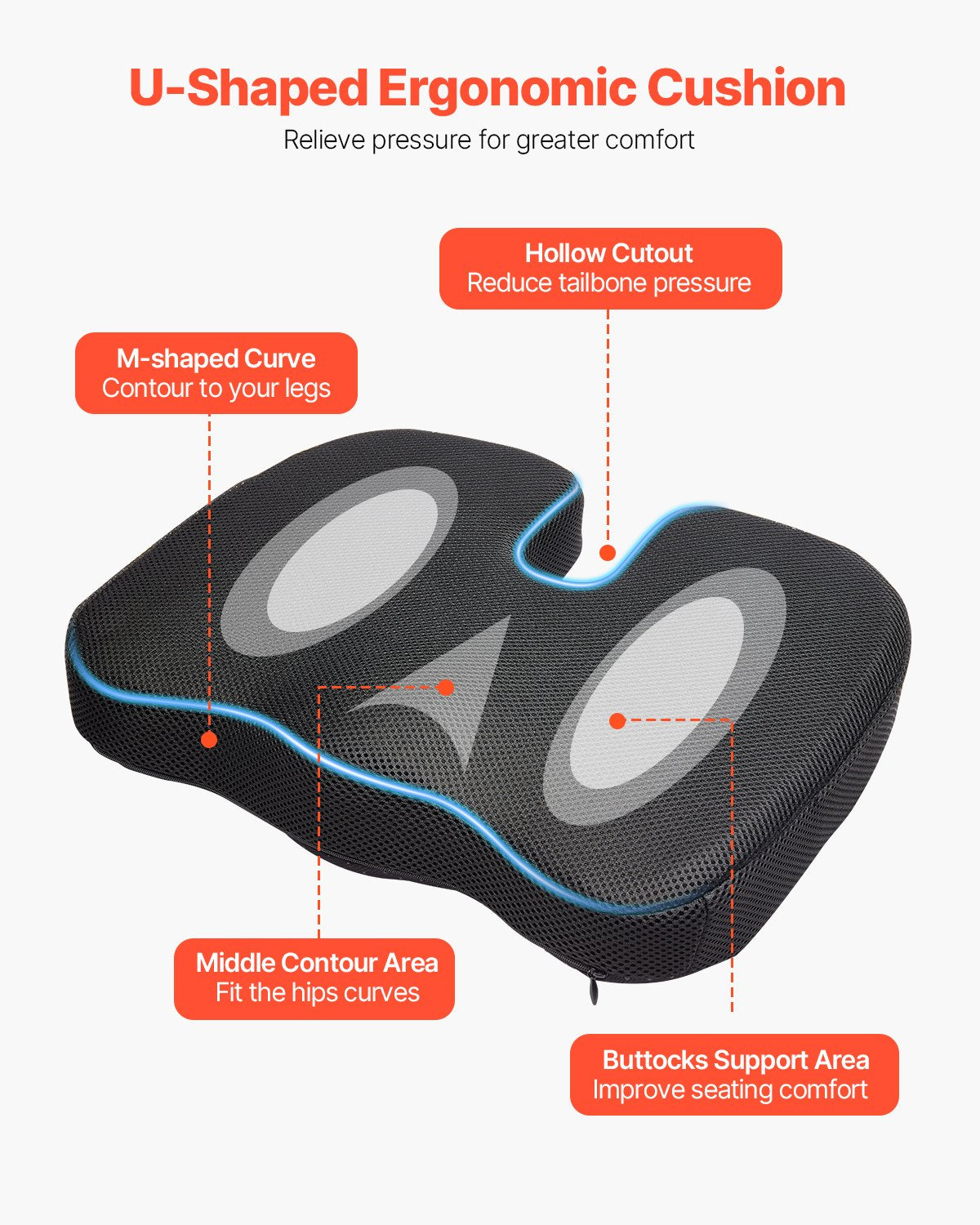 VEVOR Seat Cushion, Memory Foam Seat Chair Cushion for Pressure Relief, Soft & Breathable Wheelchair Seat Pad with Removable Cover for Travel, Office, Car, Airplane - Lightweight and Portable