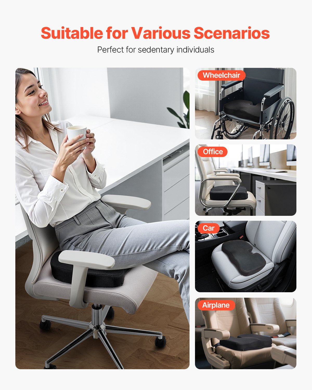 VEVOR Seat Cushion, Memory Foam Seat Chair Cushion for Pressure Relief, Soft & Breathable Wheelchair Seat Pad with Removable Cover for Travel, Office, Car, Airplane - Lightweight and Portable