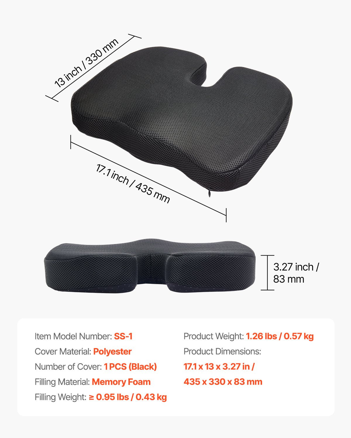 VEVOR Seat Cushion, Memory Foam Seat Chair Cushion for Pressure Relief, Soft & Breathable Wheelchair Seat Pad with Removable Cover for Travel, Office, Car, Airplane - Lightweight and Portable