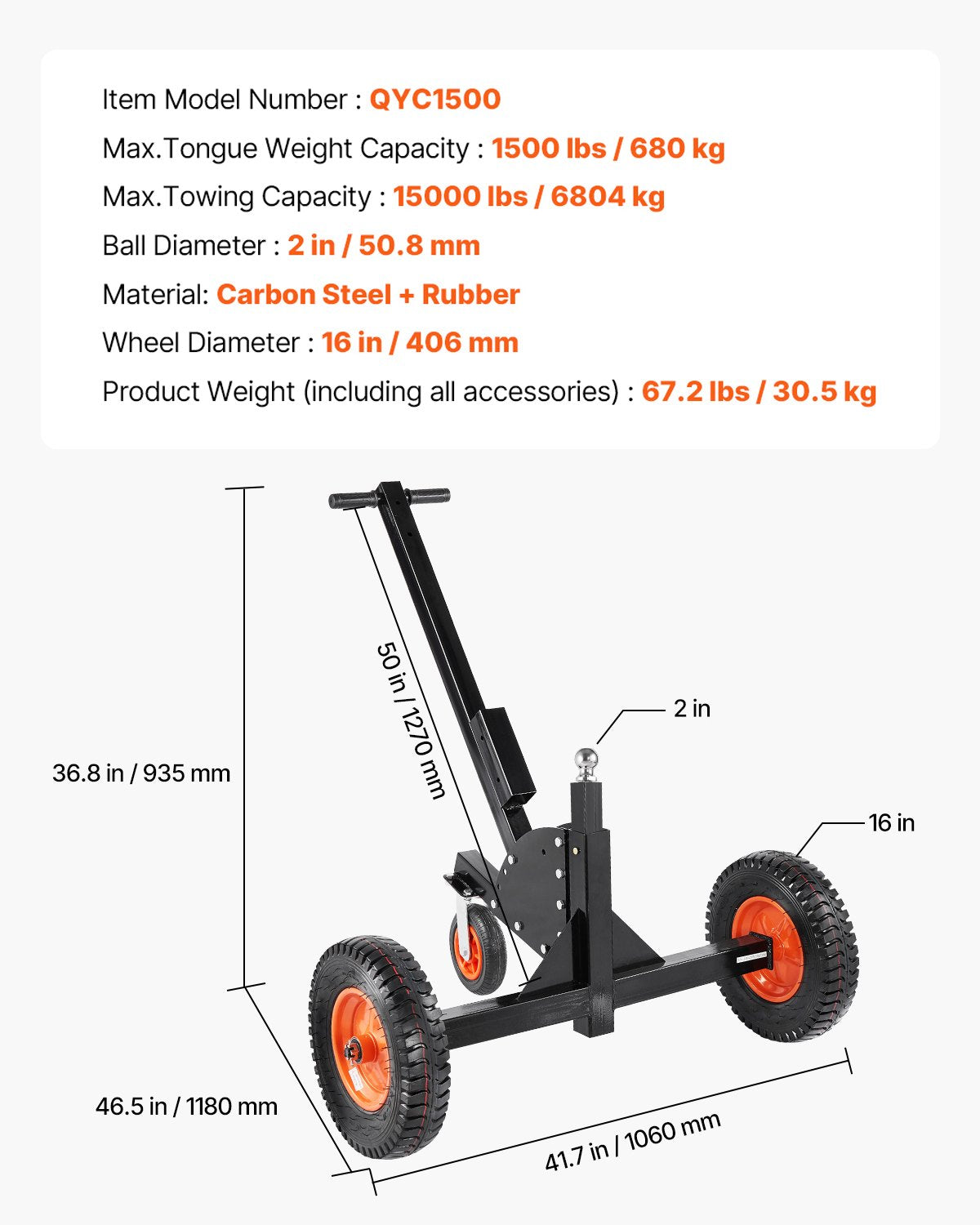 VEVOR Trailer Dolly, 1500lbs Tongue Weight Capacity, 2 in 1 Trailer Mover with 2 in Ball, 16 in Pneumatic Tires and Universal Wheel, Portable Tow Dolly for Moving Car RV Trailer