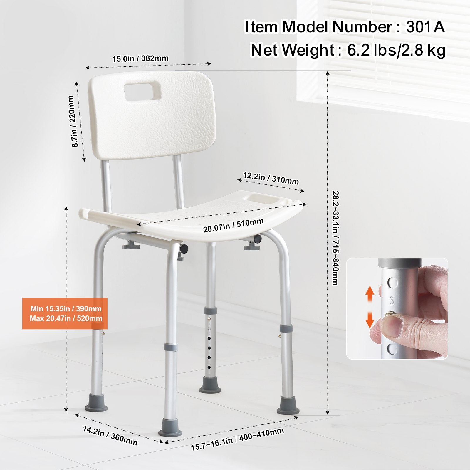 VEVOR Shower Chair, Shower Seat with Back, Adjustable Height Shower Stool, Shower Chair for Inside Shower Bathtub, Non-slip Bathroom Bench Bath Chair for Elderly Disabled Handicap, 158.8 kg Capacity
