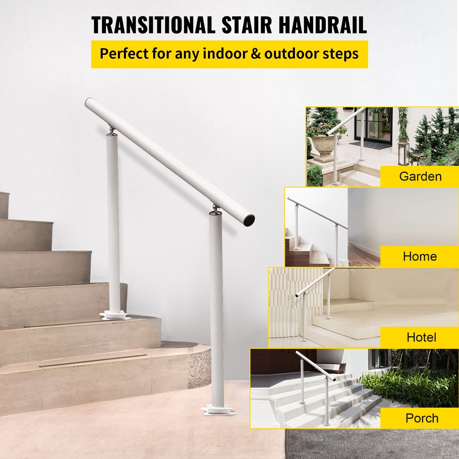 VEVOR Handrail Outdoor Stairs, 3ft, 34 Inch Outdoor Handrail, Outdoor Stair Railing Adjustable from 0 to 60 Degrees Handrail for Stairs Outdoor White Aluminum Stair Railing for Garden, Office Area