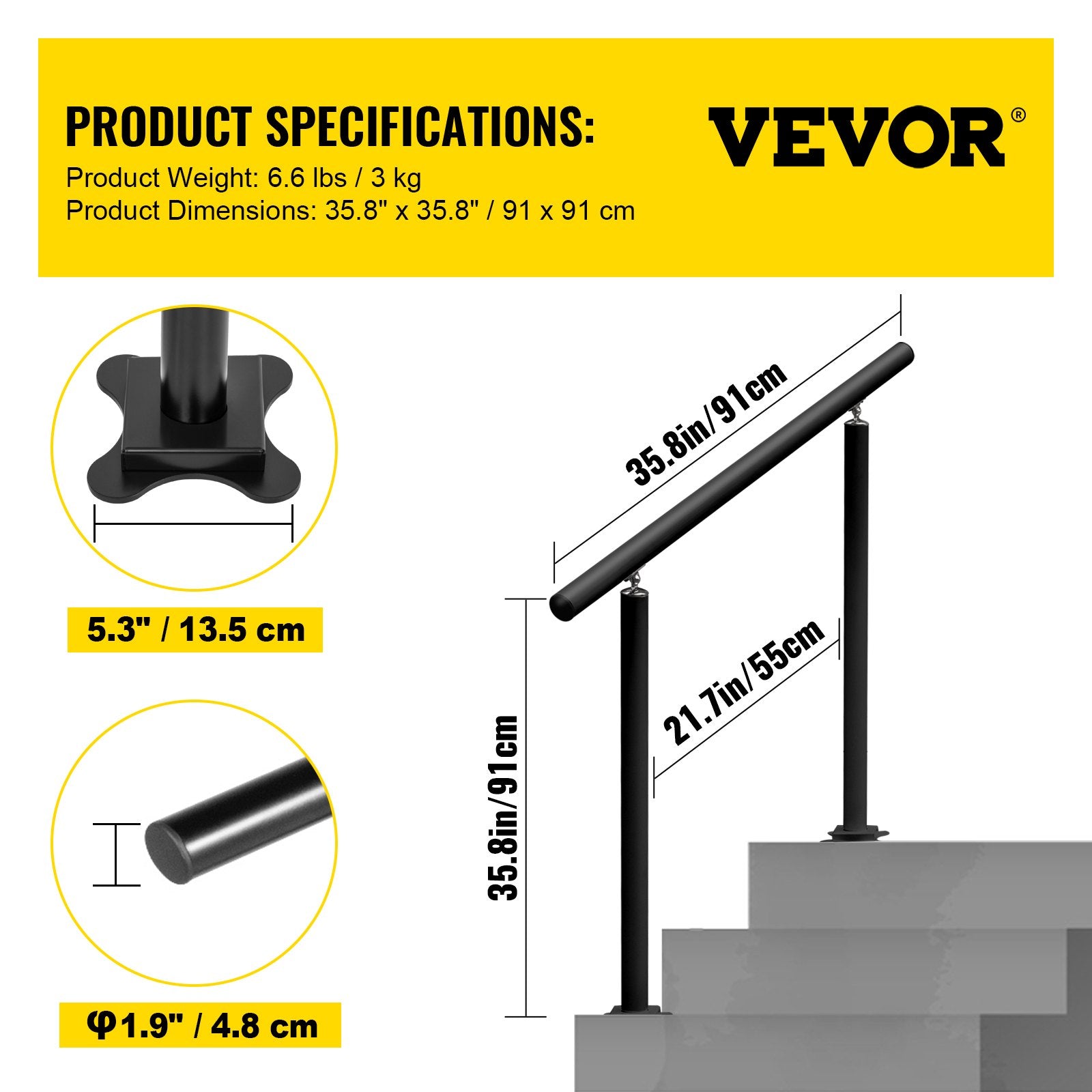 VEVOR Handrail Outdoor Stairs, 3ft, 34 Inch Outdoor Handrail, Outdoor Stair Railing Adjustable from 0 to 60 Degrees Handrail for Stairs Outdoor Black Aluminum Stair Railing for Garden, Office Area