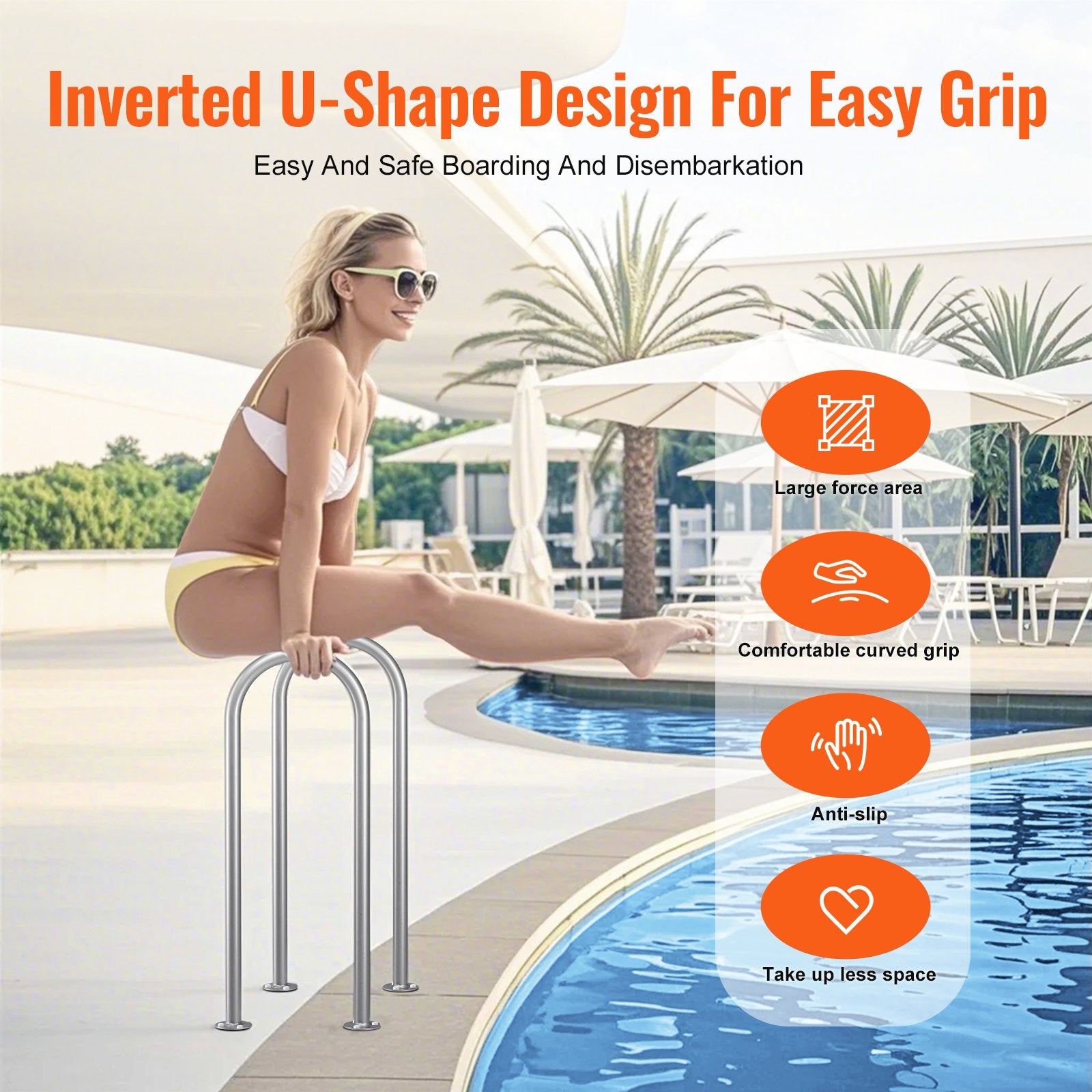 VEVOR Pool Handrail,36 x 13 inch Pool Railing, Aluminum with Base Plate for Indoor/Outdoor Pools, Humanized Swimming Pool Safety Railing for Decks, Rust-Proof Grab Bar with Accessories for Spas Docks