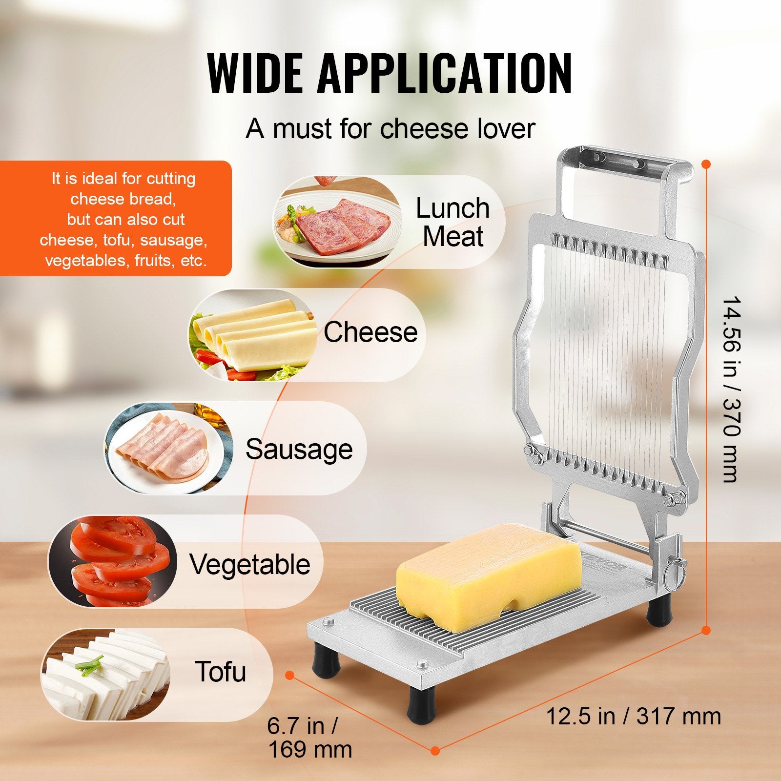 VEVOR Cheese Cutter with Wire, 0.2" Ultra-Thin Cheeser Butter Cutting Blade, Detachable Cheese Slicer Wire, Aluminum Alloy Commercial Cheese Slicer with 316 Stainless Steel Knife Wire, Kitchen Cooking