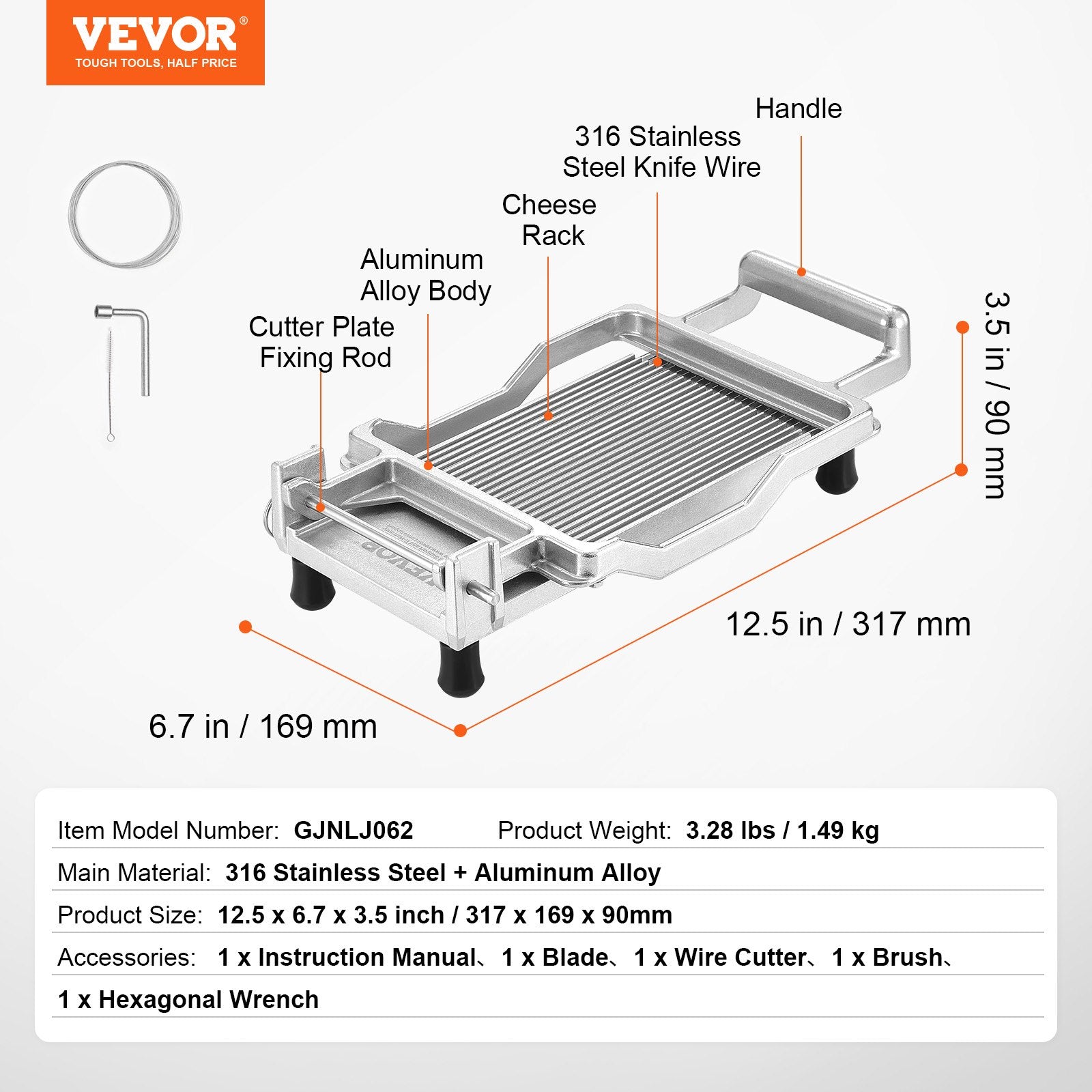 VEVOR Cheese Cutter with Wire, 0.2" Ultra-Thin Cheeser Butter Cutting Blade, Detachable Cheese Slicer Wire, Aluminum Alloy Commercial Cheese Slicer with 316 Stainless Steel Knife Wire, Kitchen Cooking