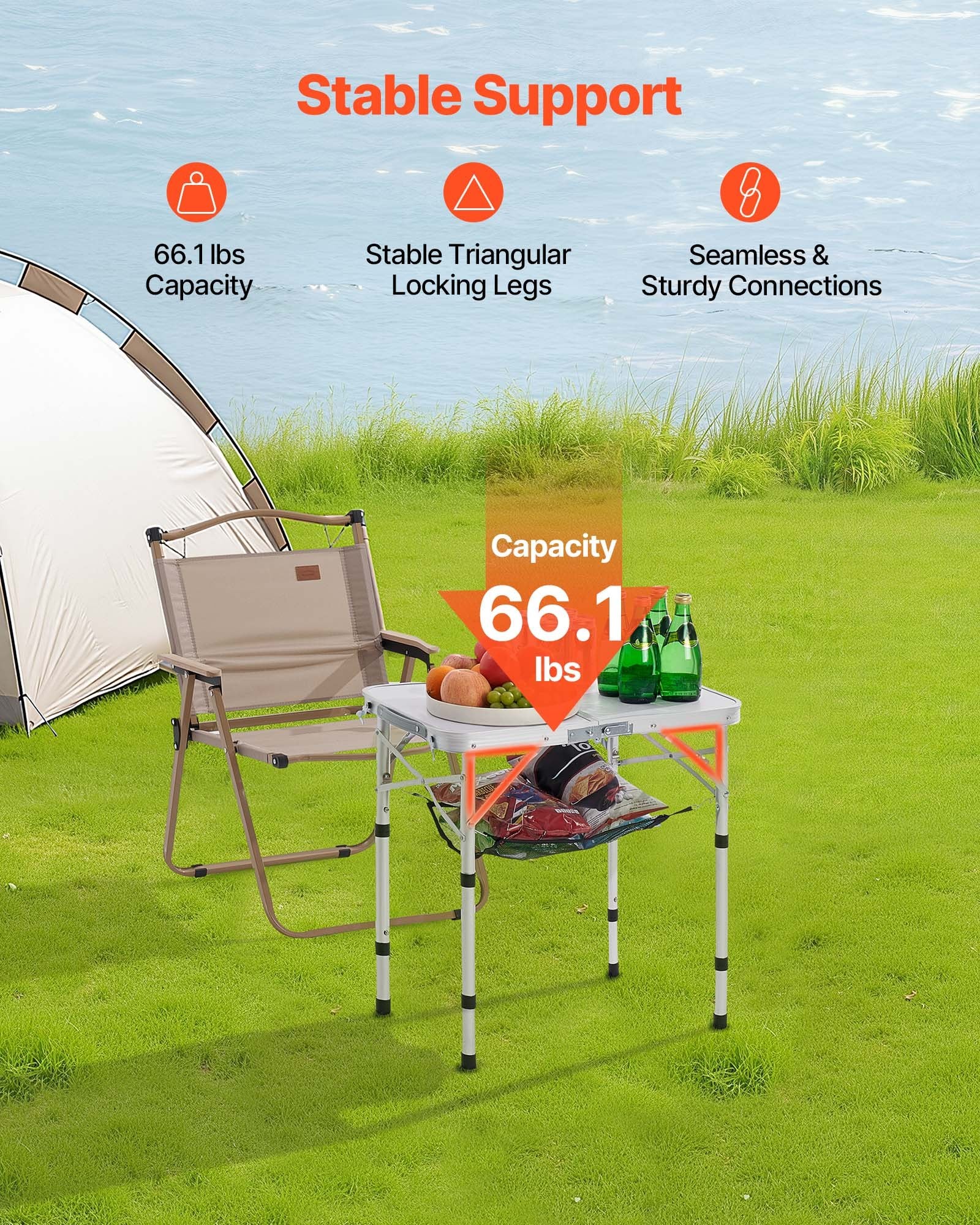 VEVOR Folding Camping Table, Adjustable Height Portable Side Tables, Aluminum MDF Beach Table with Mesh Layer, Carrying Handle, Lightweight Compact for Outdoor Picnic BBQ Cooking, 24x16in, Silver