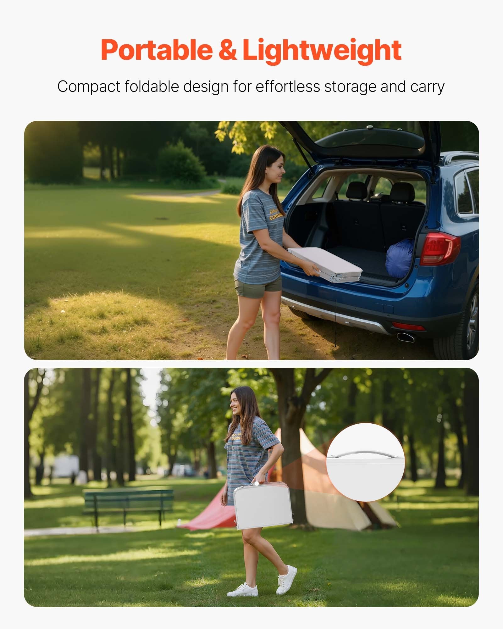 VEVOR Folding Camping Table, Adjustable Height Portable Side Tables, Aluminum MDF Beach Table with Mesh Layer, Carrying Handle, Lightweight Compact for Outdoor Picnic BBQ Cooking, 24x16in, Silver