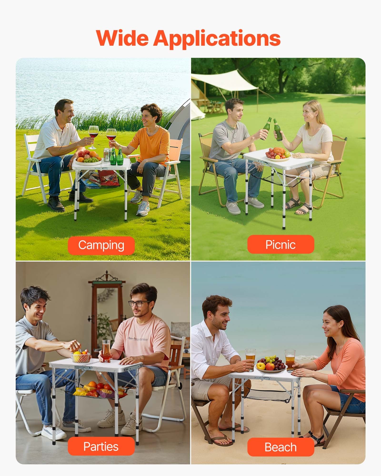 VEVOR Folding Camping Table, Adjustable Height Portable Side Tables, Aluminum MDF Beach Table with Mesh Layer, Carrying Handle, Lightweight Compact for Outdoor Picnic BBQ Cooking, 24x16in, Silver