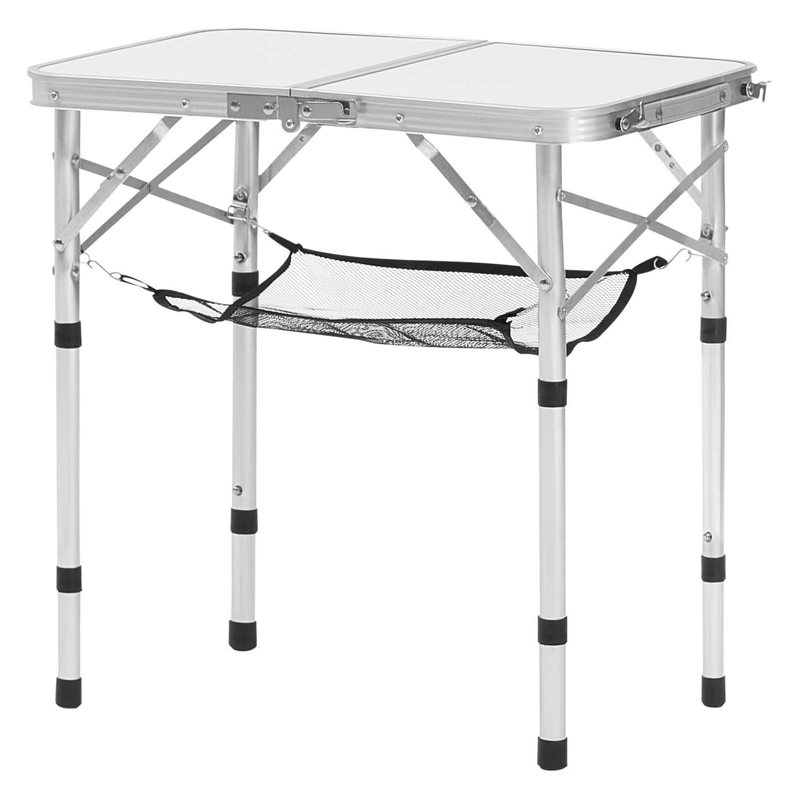 VEVOR Folding Camping Table, Adjustable Height Portable Side Tables, Aluminum MDF Beach Table with Mesh Layer, Carrying Handle, Lightweight Compact for Outdoor Picnic BBQ Cooking, 24x16in, Silver