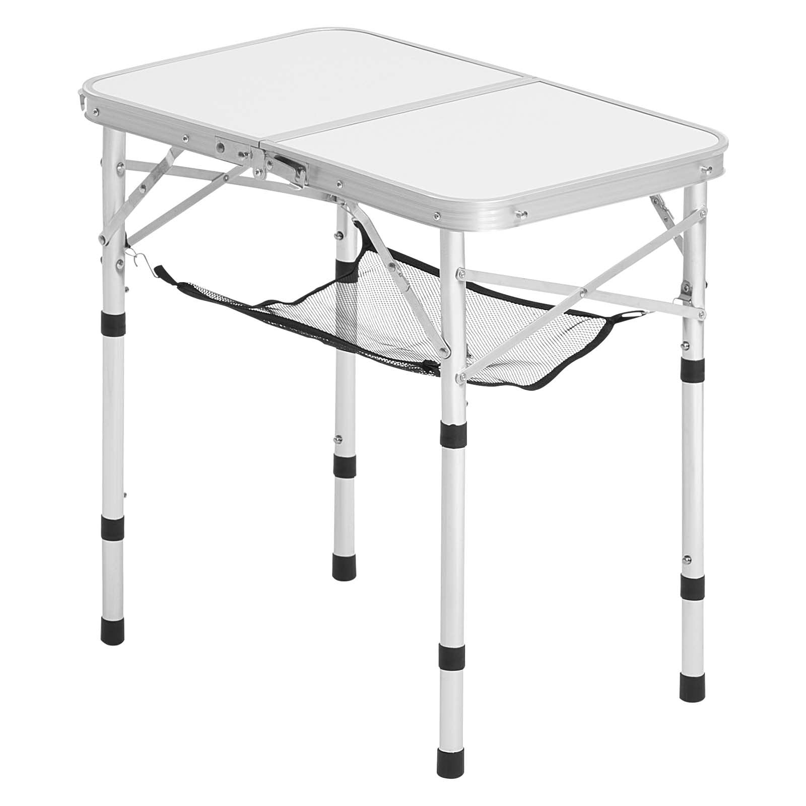 VEVOR Folding Camping Table, Adjustable Height Portable Side Tables, Aluminum MDF Beach Table with Mesh Layer, Carrying Handle, Lightweight Compact for Outdoor Picnic BBQ Cooking, 24x16in, Silver