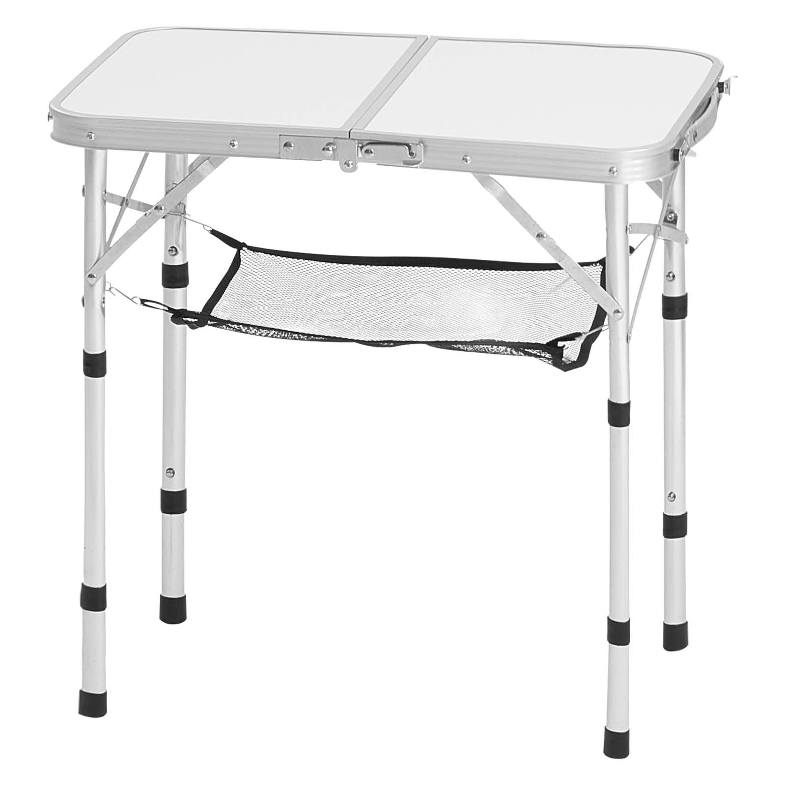 VEVOR Folding Camping Table, Adjustable Height Portable Side Tables, Aluminum MDF Beach Table with Mesh Layer, Carrying Handle, Lightweight Compact for Outdoor Picnic BBQ Cooking, 24x16in, Silver