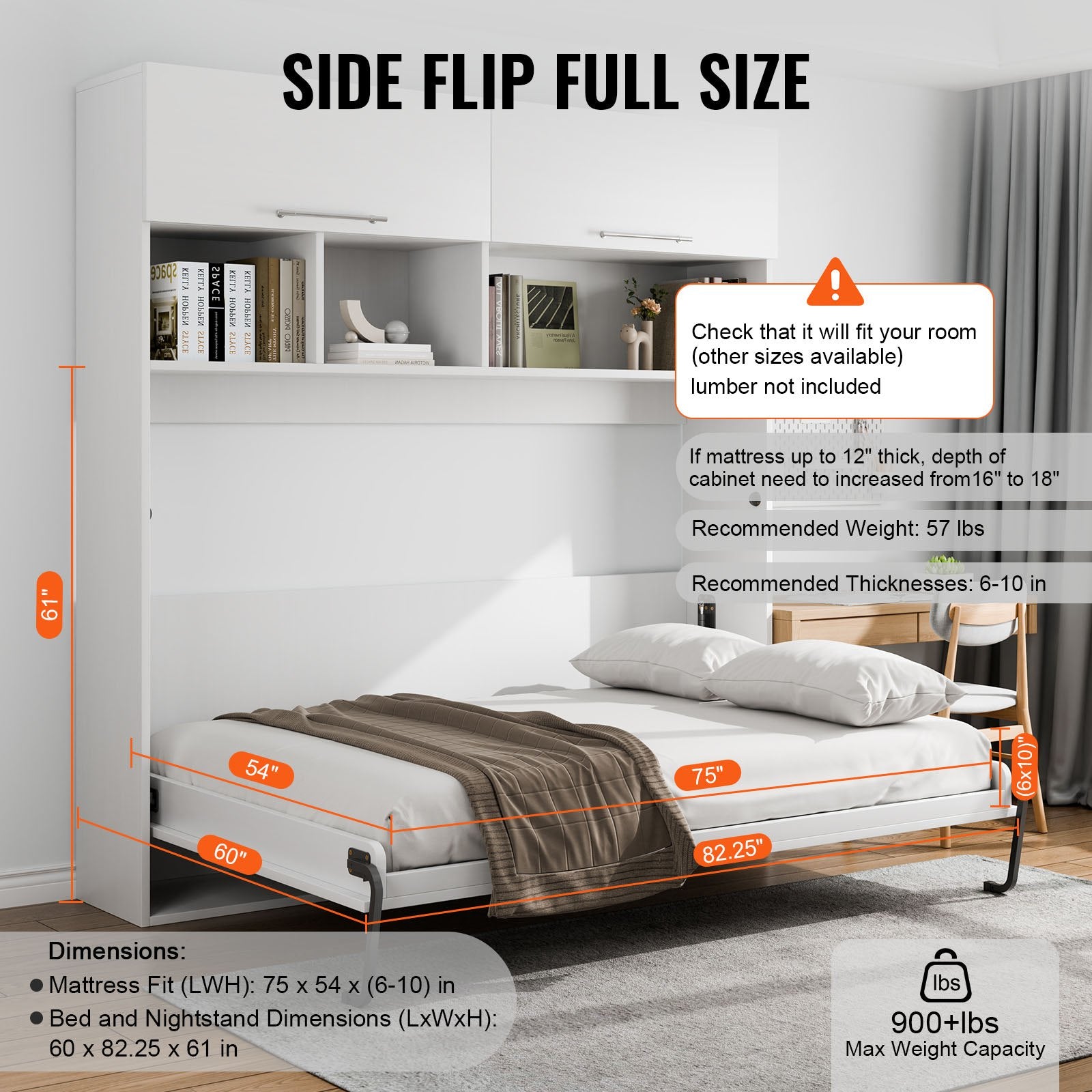 VEVOR Murphy Bed Kit, Full Size, Deluxe DIY Wall Bed Mechanical Hardware Kit, Pneumatic Lever Heavy Duty Bed Frame Support, Folding Cabinet Wall Bed Space Saving Design for Guestroom, Easy to Build