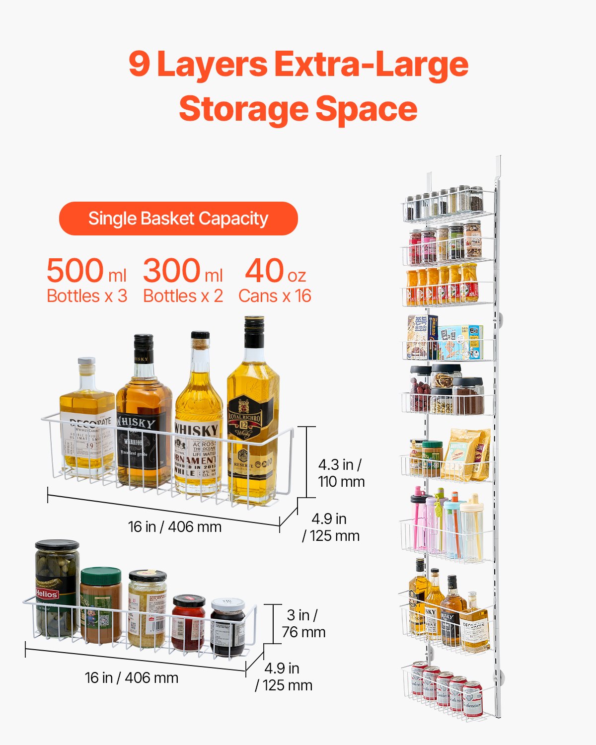 VEVOR Over the Door Pantry Organizer, 9-Tier Pantry Organization and Storage, Heavy-Duty Steel Hanging Spice Rack, Adjustable Wall Seasoning Shelves, for Home Kitchen Laundry Room Bathroom, White