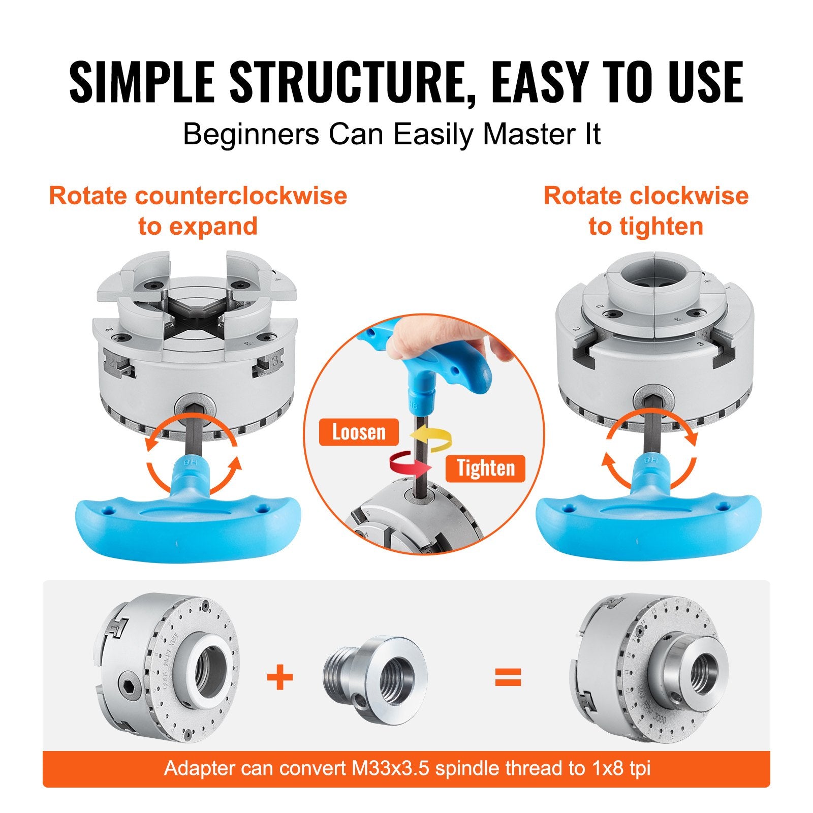 VEVOR KP965 Lathe Chuck, 4-Jaw 96 mm Diameter, Metal Lathe Chuck Turning Machine Accessories with 5 Sets of Jaws, Self-centering Tool, for Precision Machining, Grinding Machines, Milling Machines