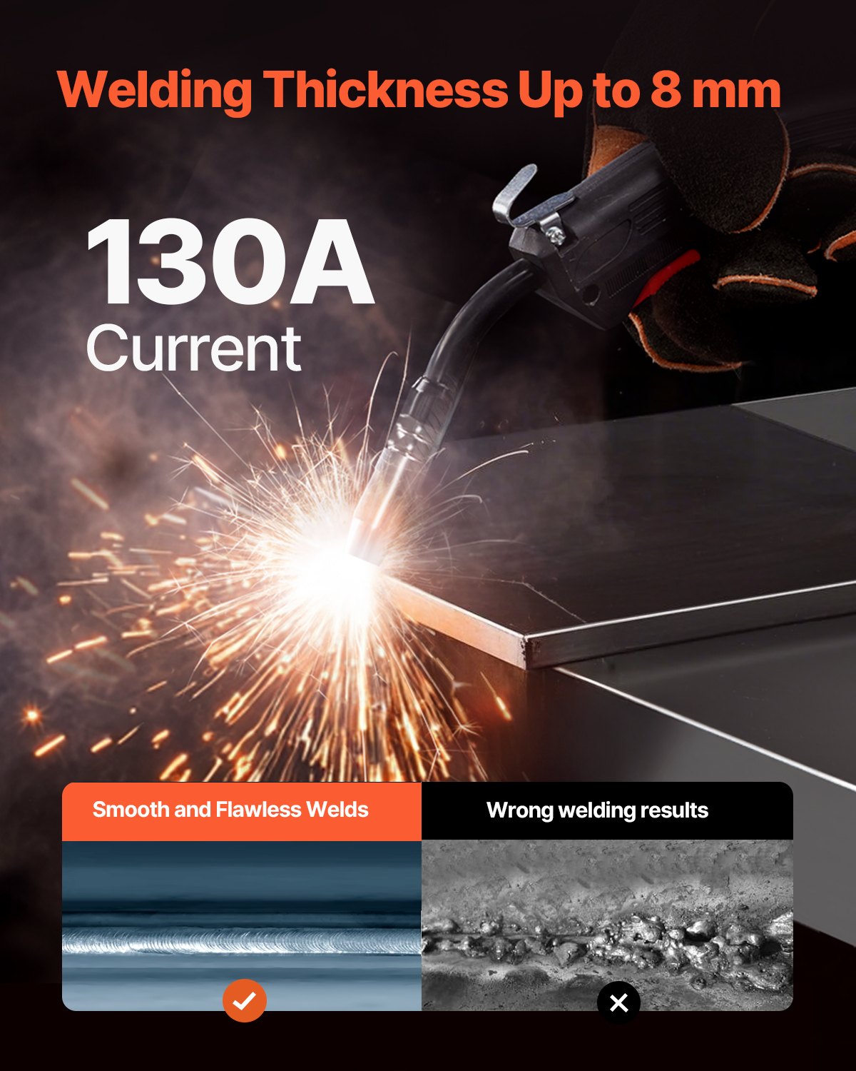 VEVOR MIG Welder, 130A Synergic Mig Welding Machine, 2-in-1 Gas MIG/Gasless Flux Core MIG Multi-Process Welder Machine, Portable Mig Welder with IGBT Inverter Technology & Digital Display Screen