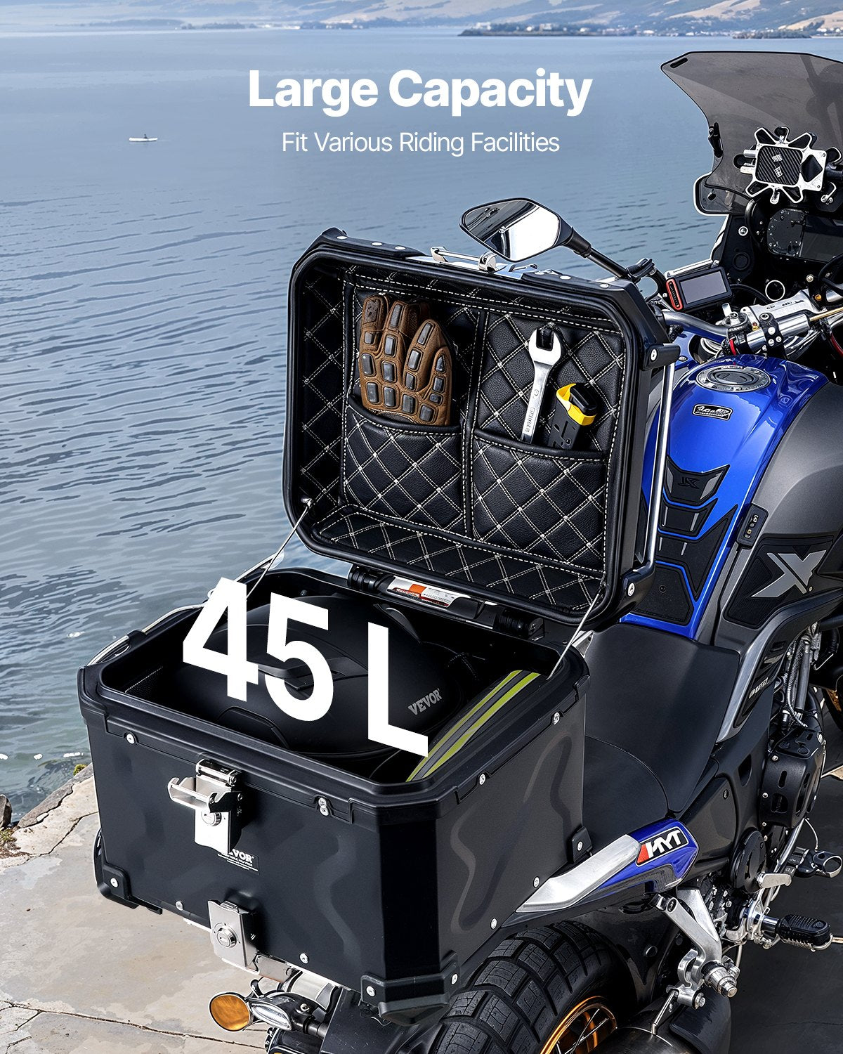 VEVOR Motorcycle Top Case, Universal Aluminum Alloy Motorbike Tail Box with Leather Lining, 45L Waterproof Detachable Motorcycle Top Box with Lock & Back Cushion, Fit for 99% of Motorcycle Frames