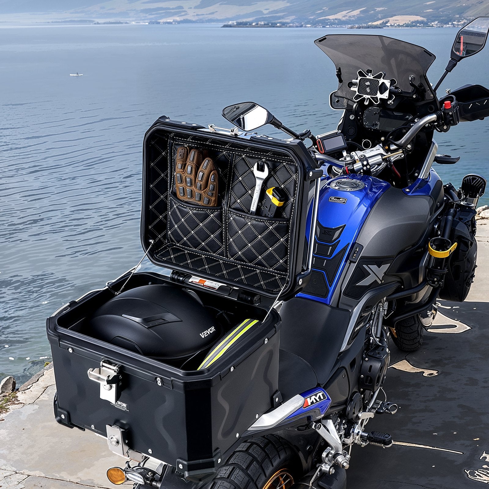VEVOR Motorcycle Top Case, Universal Aluminum Alloy Motorbike Tail Box with Leather Lining, 45L Waterproof Detachable Motorcycle Top Box with Lock & Back Cushion, Fit for 99% of Motorcycle Frames
