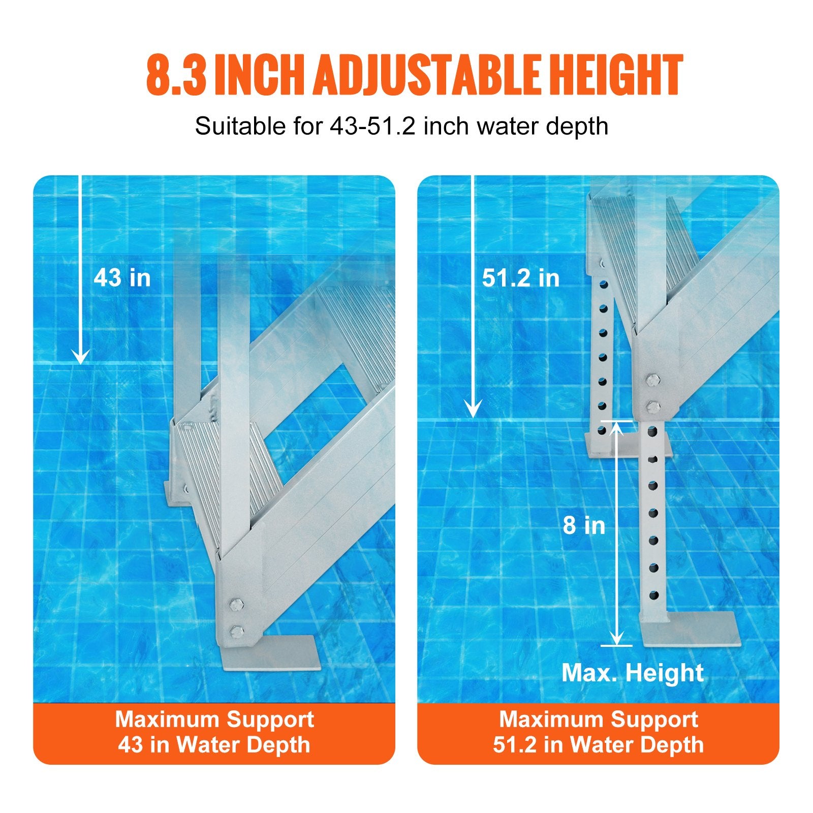 VEVOR Dock Ladder, 1.09 m-1.29 m Adjustable Height, 227 kg Load Capacity, Aluminum Alloy 6 Steps Pontoon Boat Ladder with Dual Handrails & Nonslip Mat, Ideal for Ship/Lake/Pool/Marine Boarding