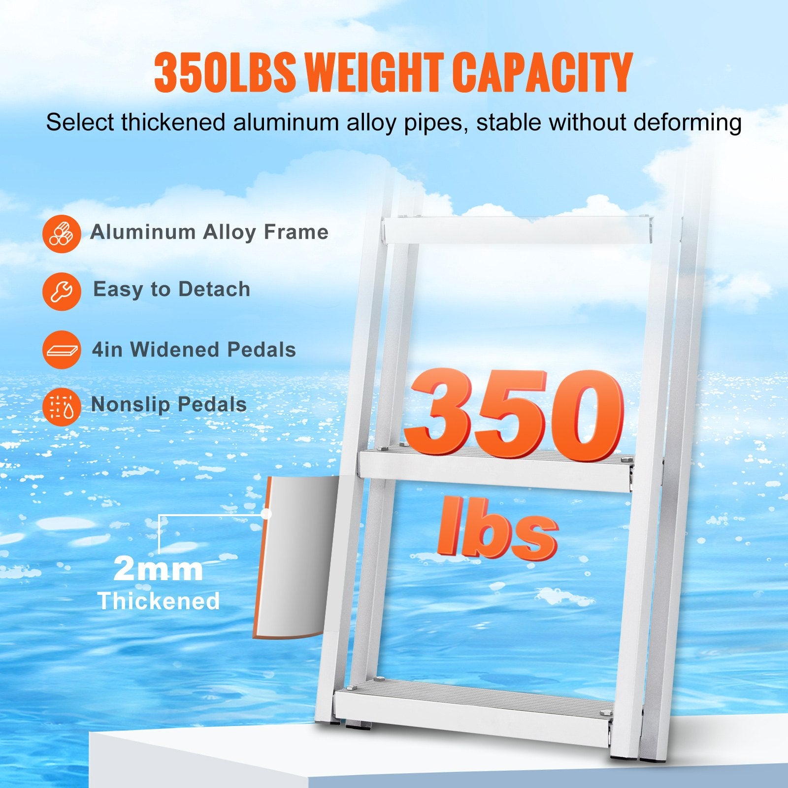 VEVOR Removable Dock Ladder 5 Steps, 159 kg Load Capacity, Pontoon Boat Ladder with 4'' Wide Step & Nonslip Design for Ship/Lake/Pool/Marine Boarding