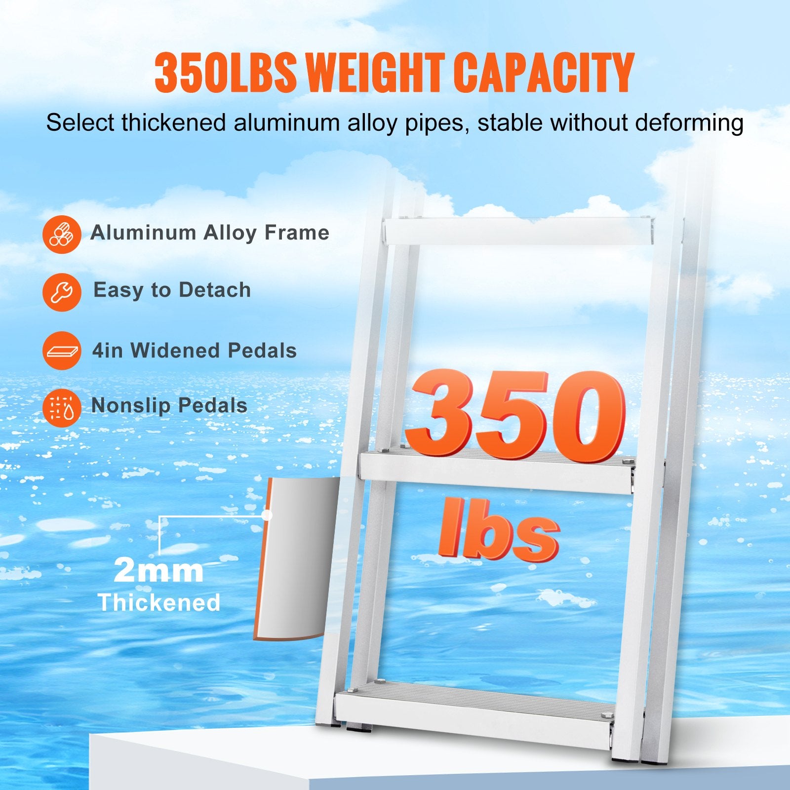 VEVOR Dock Ladder Flip Up 4 Steps, 159 kg Load Capacity, Aluminum Pontoon Boat Ladder with 4" Wide Step & Nonslip Mat,Swimm Step Ladder for Ship/Lake/Pool/Marine Boarding