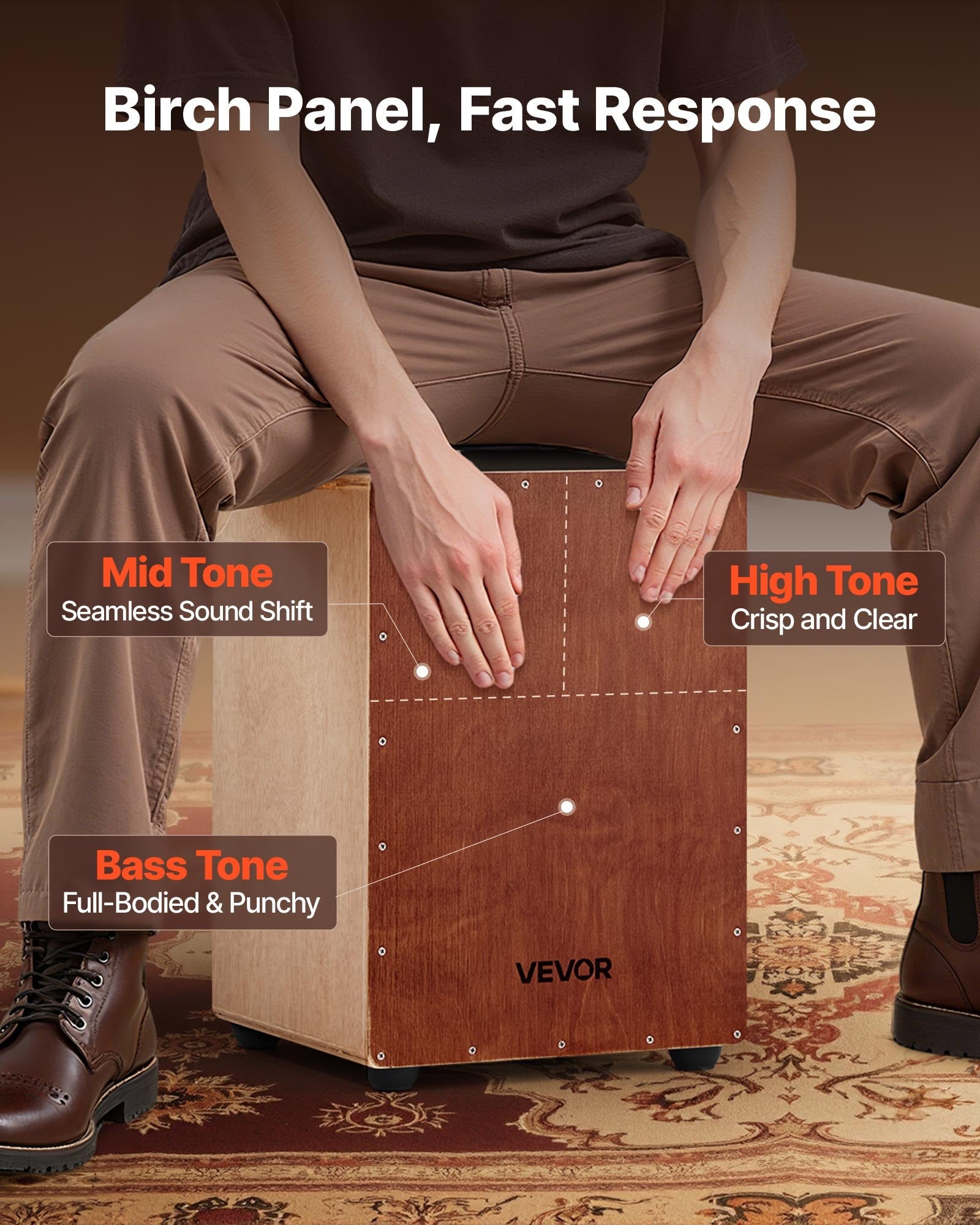 VEVOR Cajon Box Drum, with Internal Snare Wires, Lightweight Wooden Percussion Box, Portable Birch Wood Drum Musical Instrument with Silicone Feet, for Beginners and Professionals, 305 x 305 x 430 mm