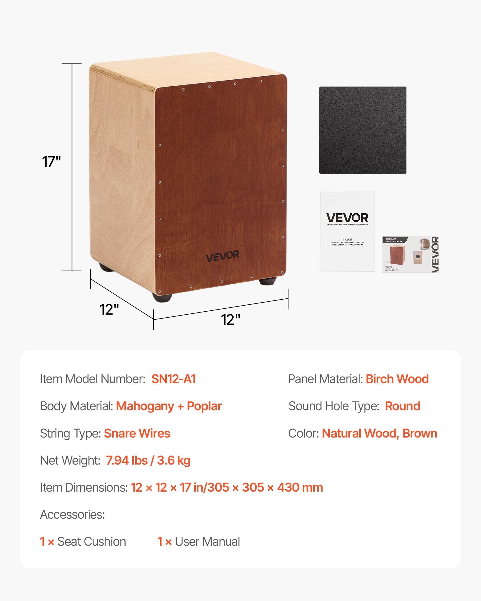 VEVOR Cajon Box Drum, with Internal Snare Wires, Lightweight Wooden Percussion Box, Portable Birch Wood Drum Musical Instrument with Silicone Feet, for Beginners and Professionals, 305 x 305 x 430 mm