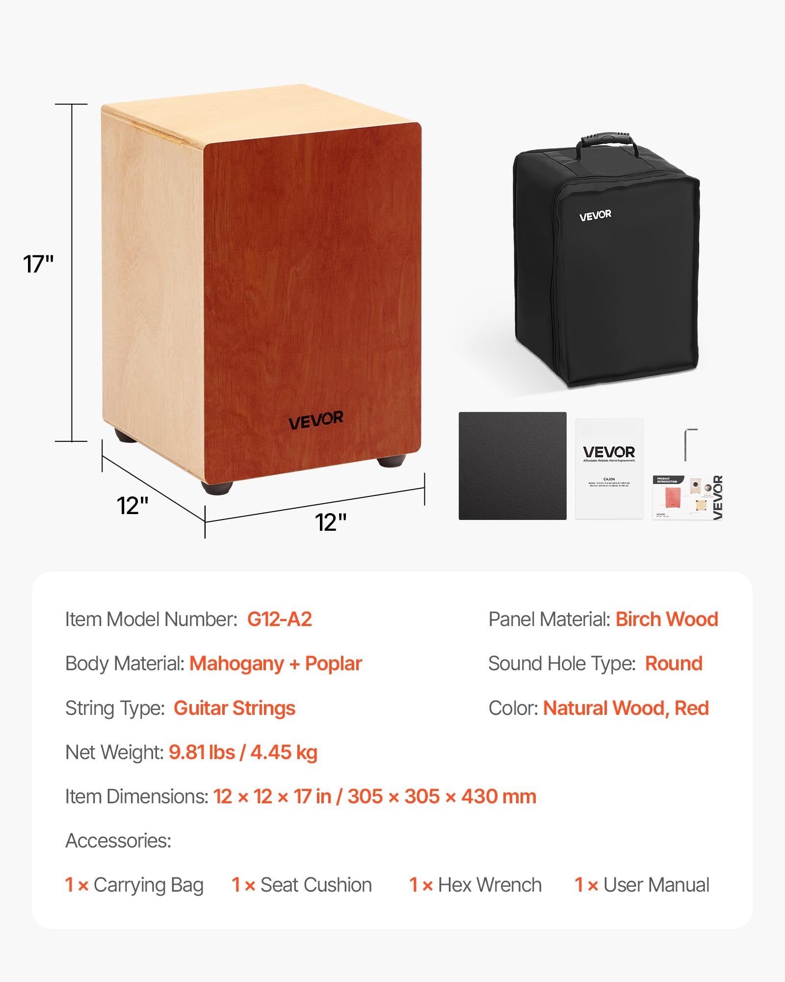 VEVOR Cajon Box Drum, with Internal Guitar Strings, Lightweight Wooden Percussion Box, Portable Birch Wood Drum Musical Instrument with Travel Bag, for Beginners and Professionals, 305 x 305 x 430 mm