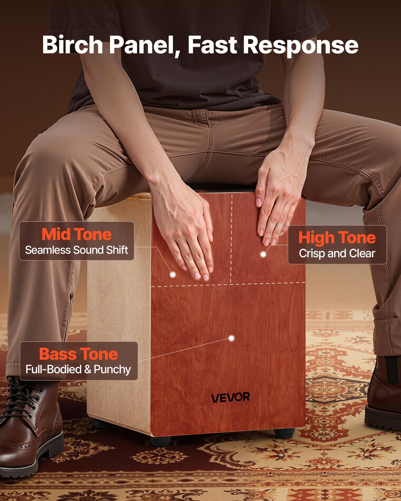 VEVOR Cajon Box Drum, with Internal Guitar Strings, Lightweight Wooden Percussion Box, Portable Birch Wood Drum Musical Instrument with Silicone Feet, for Beginner & Professional, 305 x 305 x 430 mm