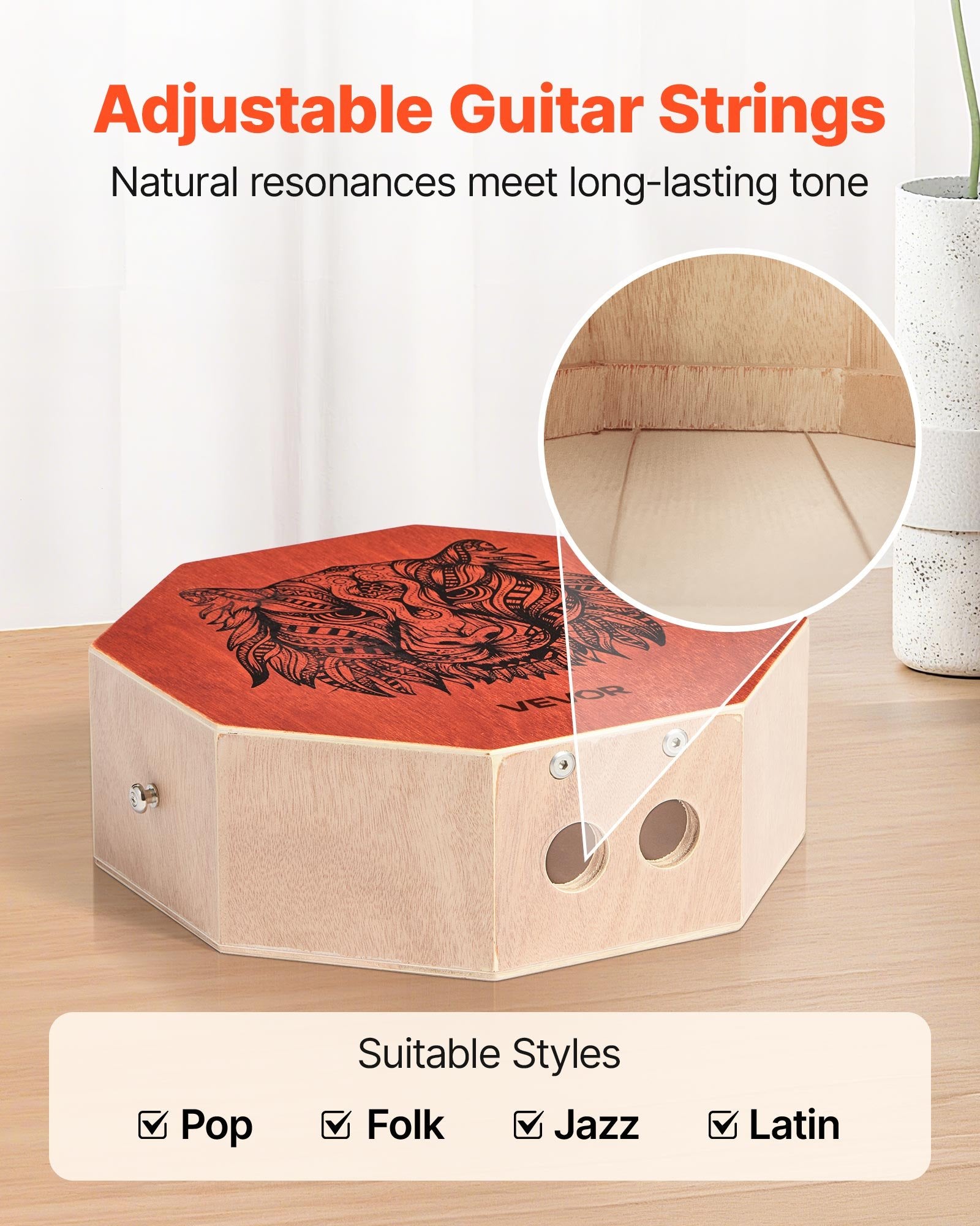VEVOR Unique Cajon Box Drum, with Internal Guitar Strings, Portable Wooden Percussion Box, Birch Wood Drum Musical Instrument with Adjustable Strap, for Beginners & Professionals, 295 x 295 x 100 mm