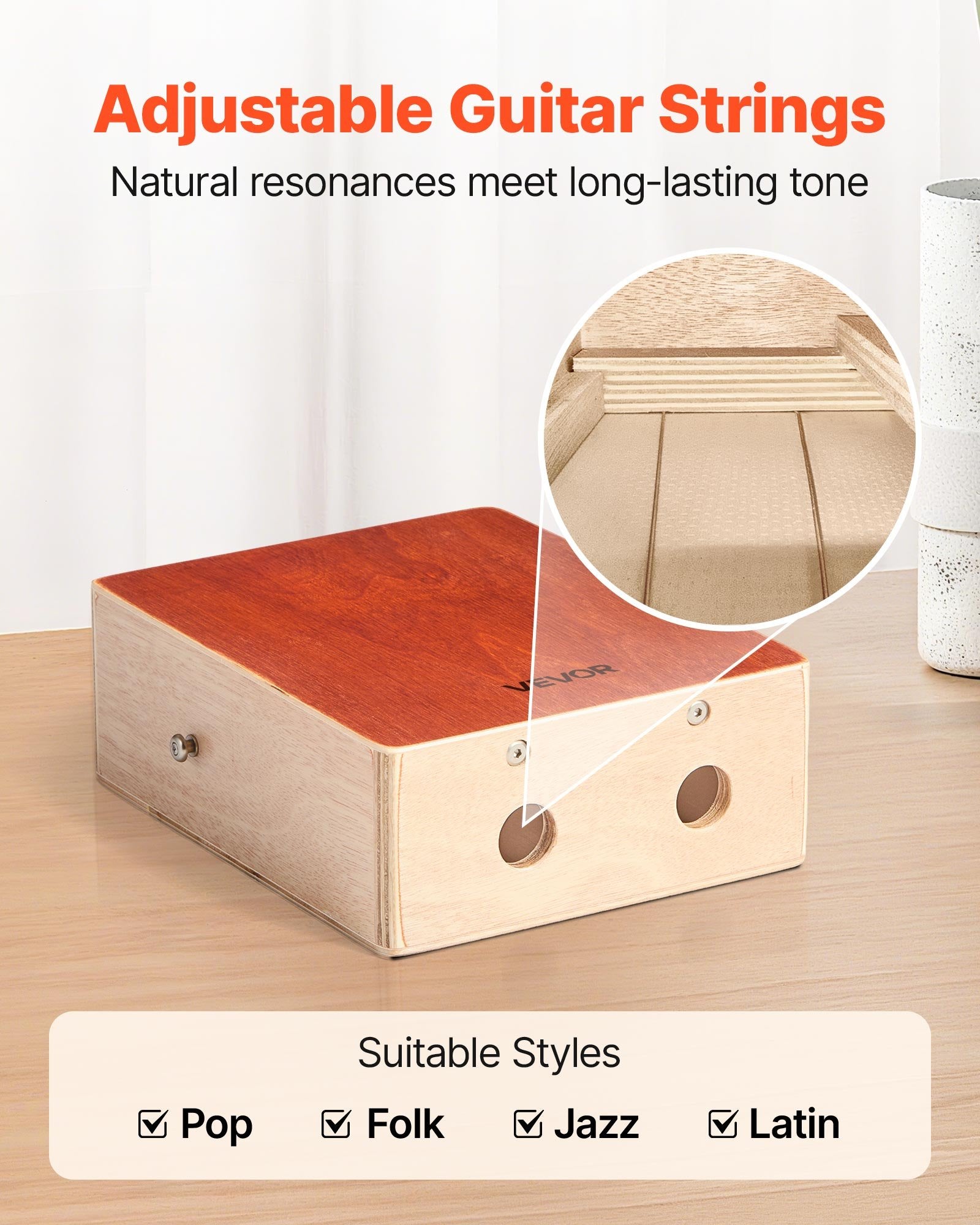 VEVOR Cajon Box Drum, with Internal Guitar Strings, Lightweight Wooden Percussion Box, Portable Birch Wood Drum with Travel Bag, Adjustable Strap, for Beginners and Professionals, 230 x 100 x 280 mm