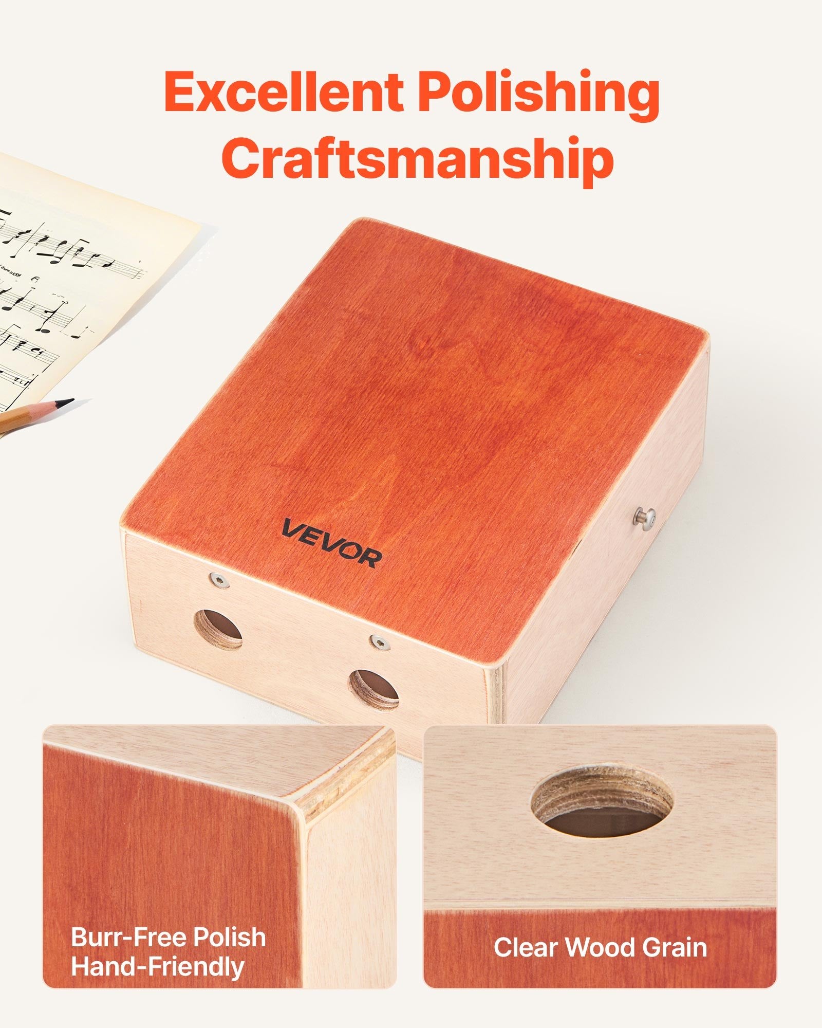 VEVOR Cajon Box Drum, with Internal Guitar Strings, Lightweight Wooden Percussion Box, Portable Birch Wood Drum with Travel Bag, Adjustable Strap, for Beginners and Professionals, 230 x 100 x 280 mm
