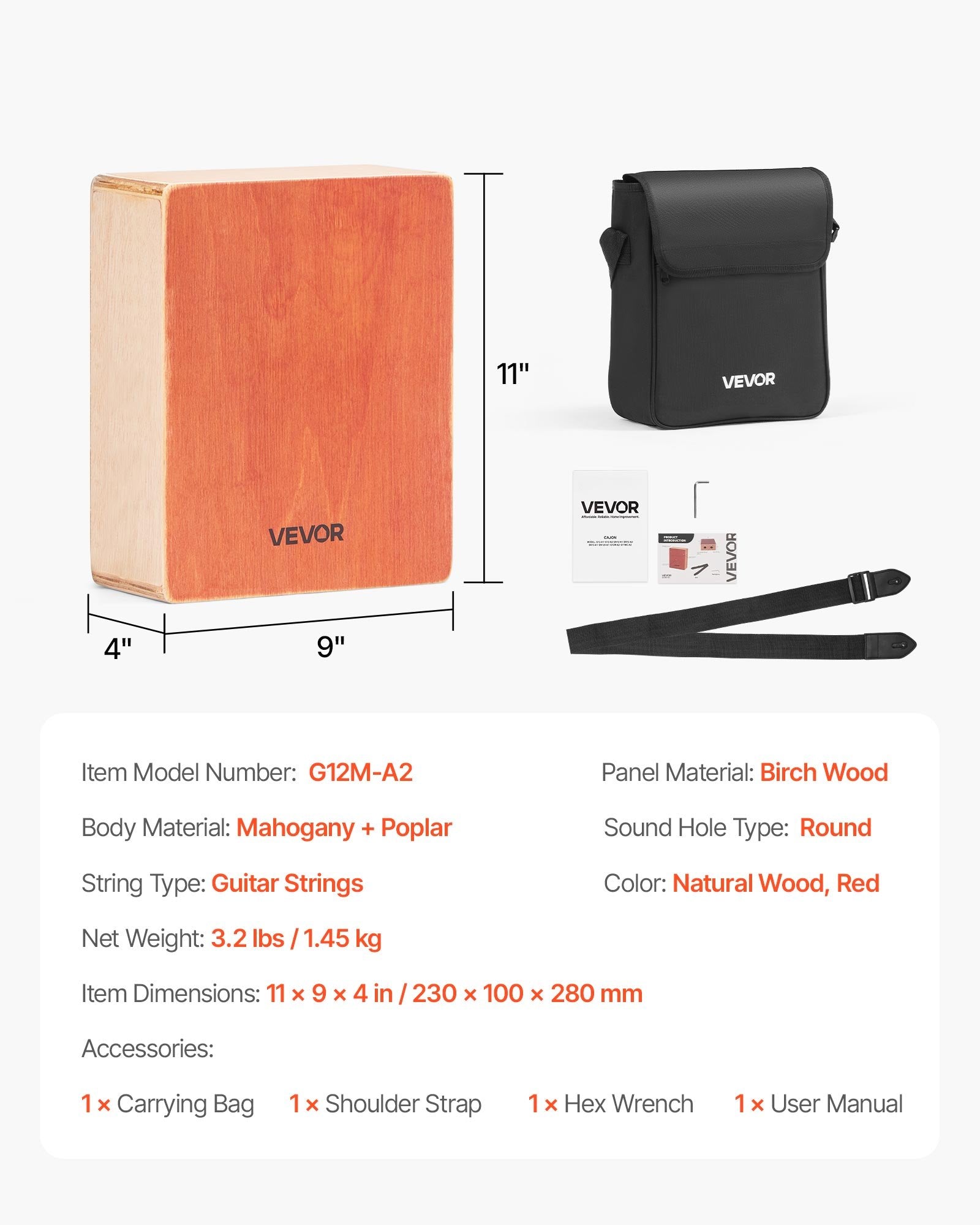 VEVOR Cajon Box Drum, with Internal Guitar Strings, Lightweight Wooden Percussion Box, Portable Birch Wood Drum with Travel Bag, Adjustable Strap, for Beginners and Professionals, 230 x 100 x 280 mm